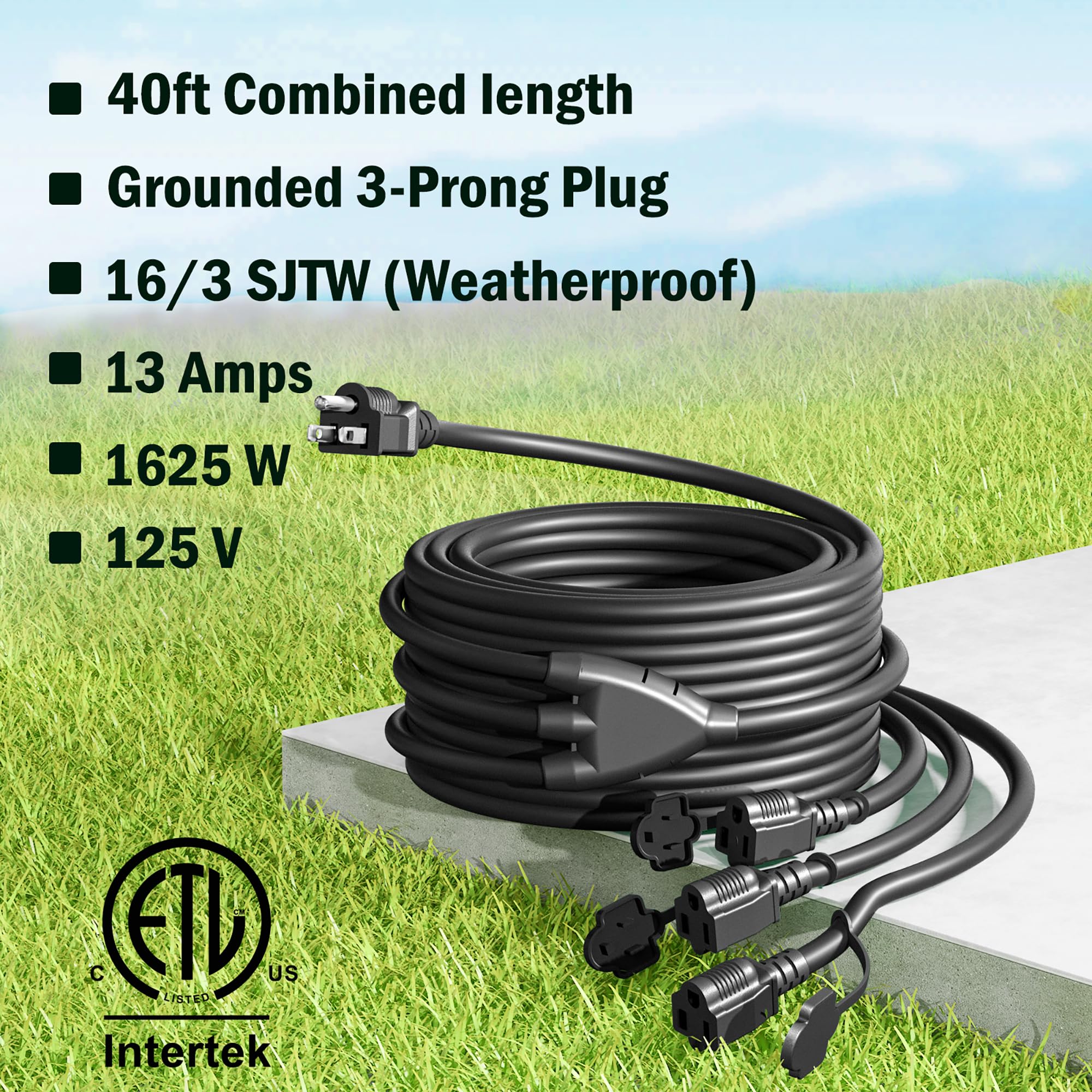 Eversimpleinc Black 1 To 3 Splitter Extension Cord (Combined 40 Ft, End To End 28 Ft), 3 Prong Plug With 3 Extended Outlets, Wit