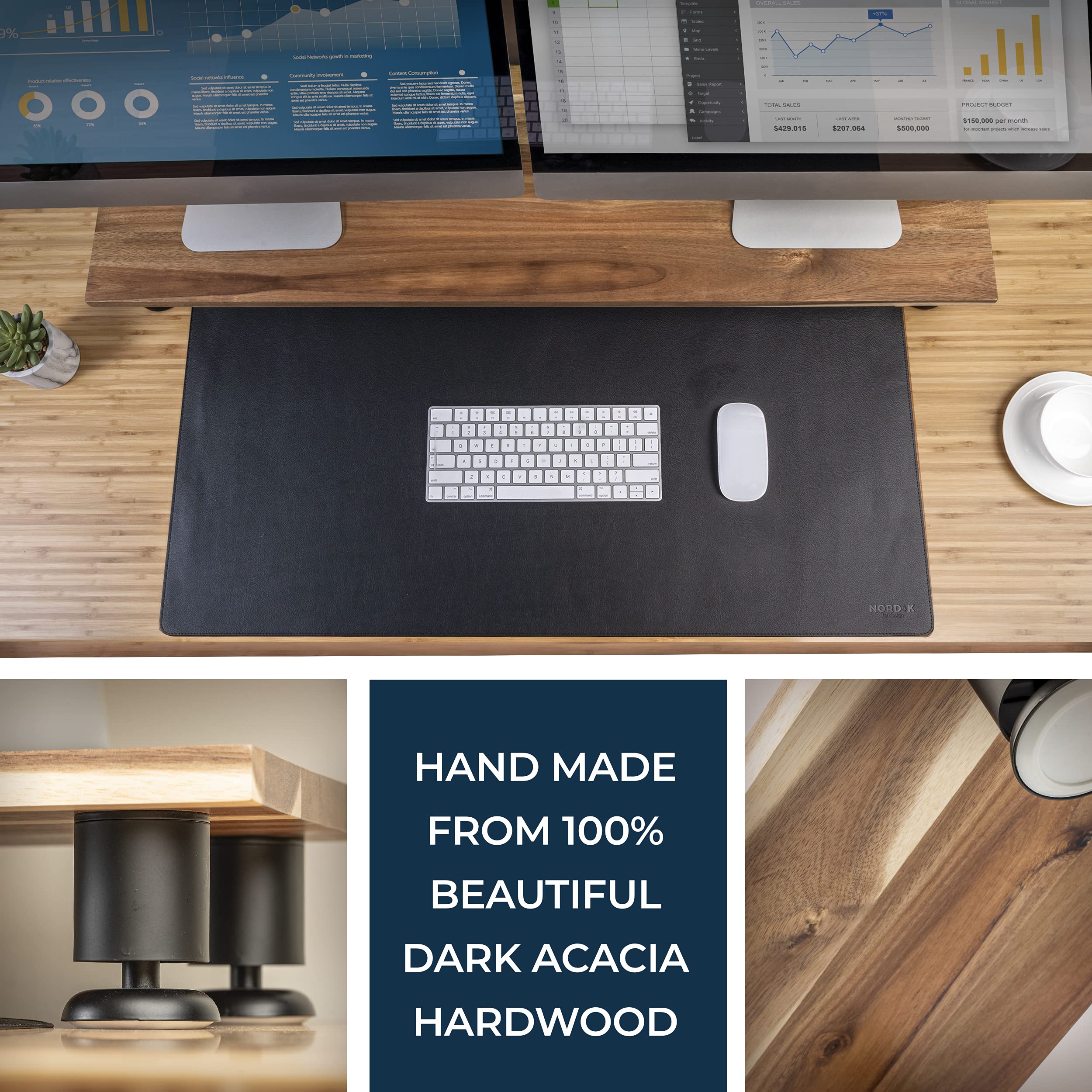 Nordik Large Dual Monitor Riser For 2   Premium Handmade Hardwood Acacia Computer   Laptop Tv Stand With Storage For Desk Access