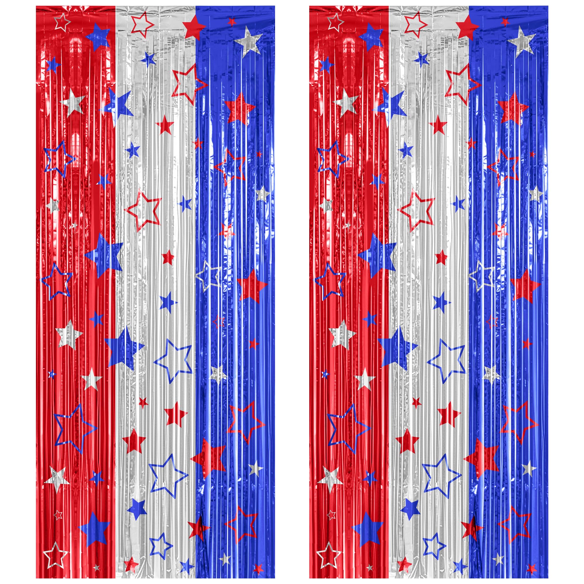 2 Pack 4th of July Party Decorations, 3.28 FT x 7.05 FT Glitter Red Silver Blue Foil Curtains, 250th Anniversary Patriotic Star 