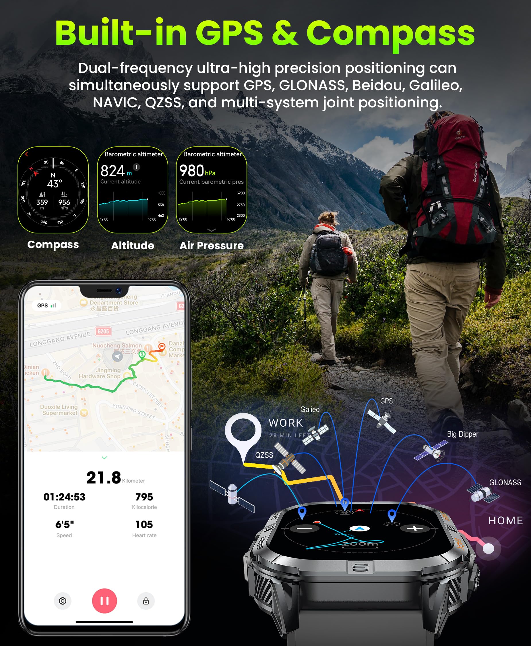 Joautrial Military Smart Watch For Men Built-In Gps With Led Flashlight Compass, 2.13 Amoled Tactical Smart Watches With Answer/