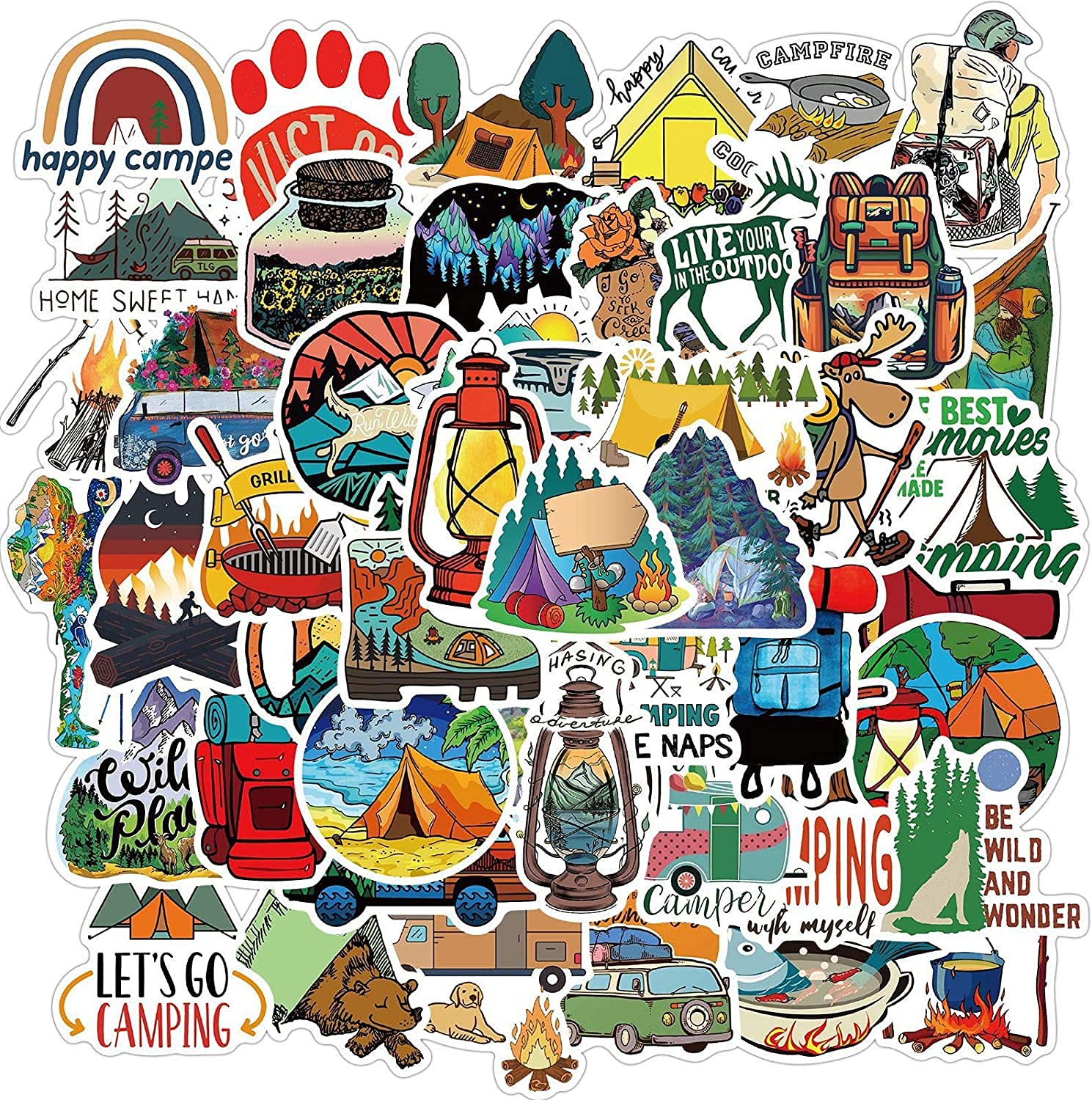 Idream Camping Landscape Waterproof Vinyl Stickers (Set Of 50)  Outdoor Adventure Diy Decals For Laptop, Desk, Skateboard, Lugg