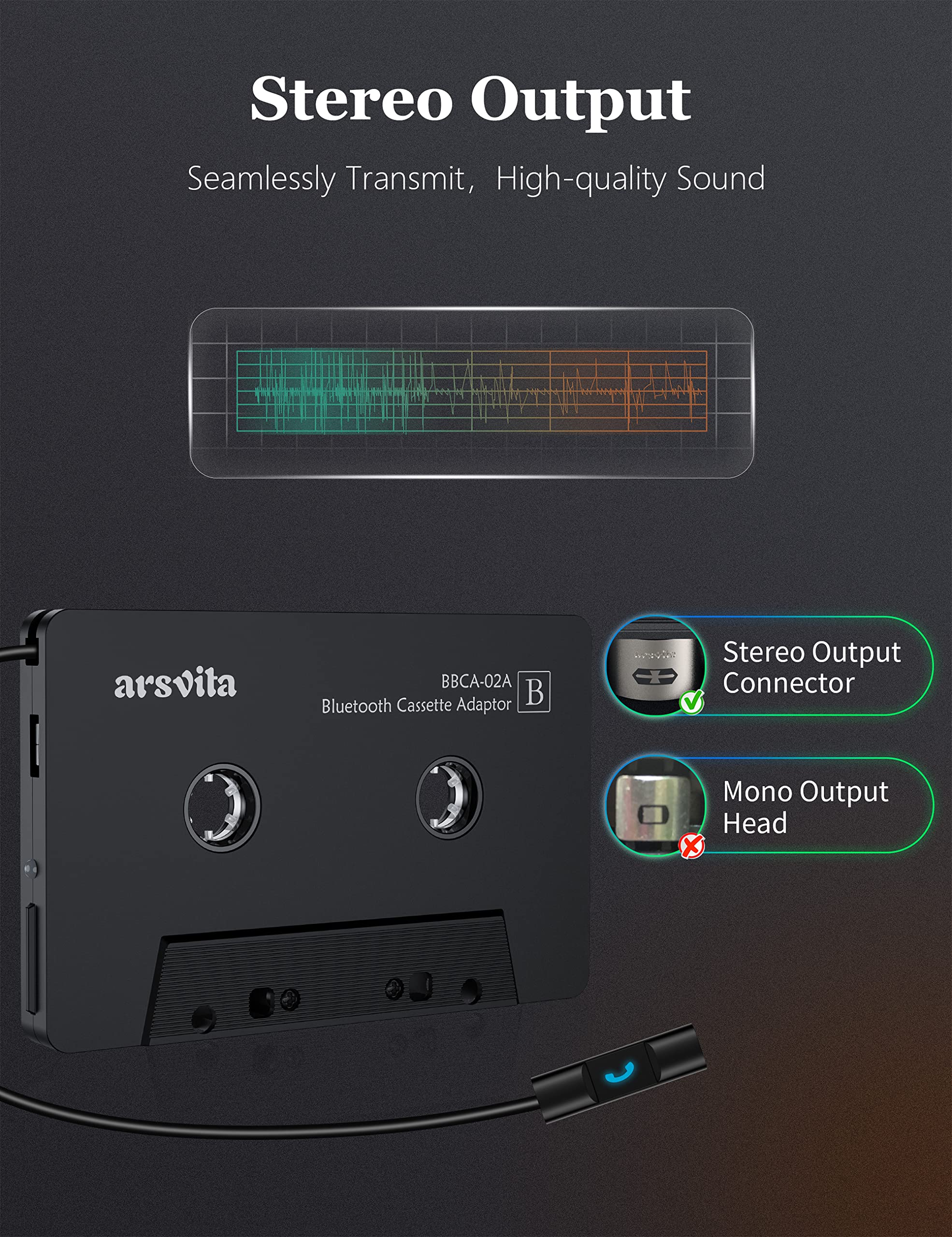 arsvita Bluetooth 5.0 Cassette to Aux Adapter for Car, Hands-Free Call, Small, Charcoal Black