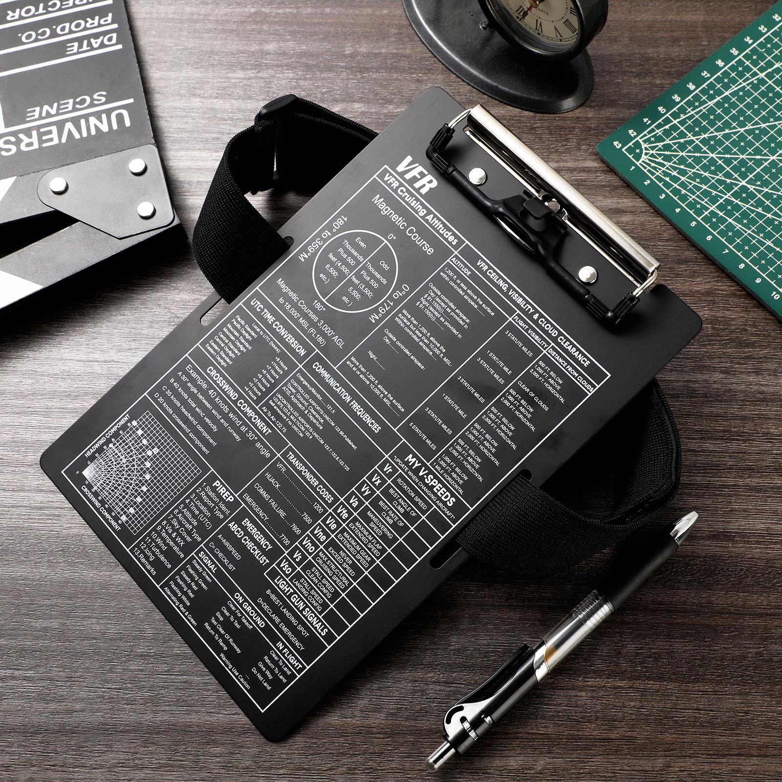 Feifeiya Aluminum Pilot Kneeboard - VFR Aviation Writing Board with Pen Holder, Elastic Strap, 9.61x6.42 Inch, Black - Perfect for Pilots