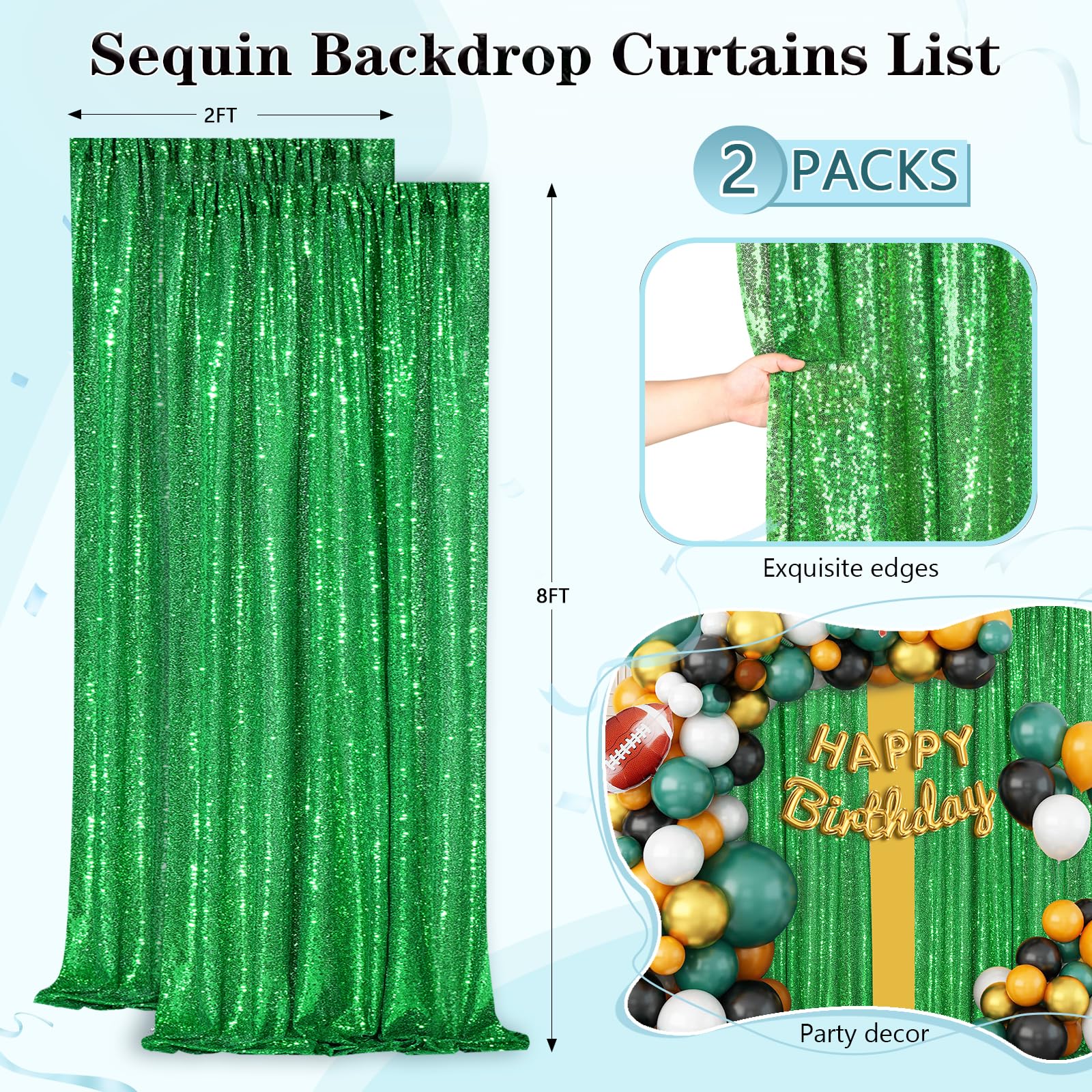 Green Sequin Backdrop Curtains 2 Panels 2Ftx8Ft Christmas Party Backdrop Glitter Birthday Bridal Wedding Curtains Sparkle Photo