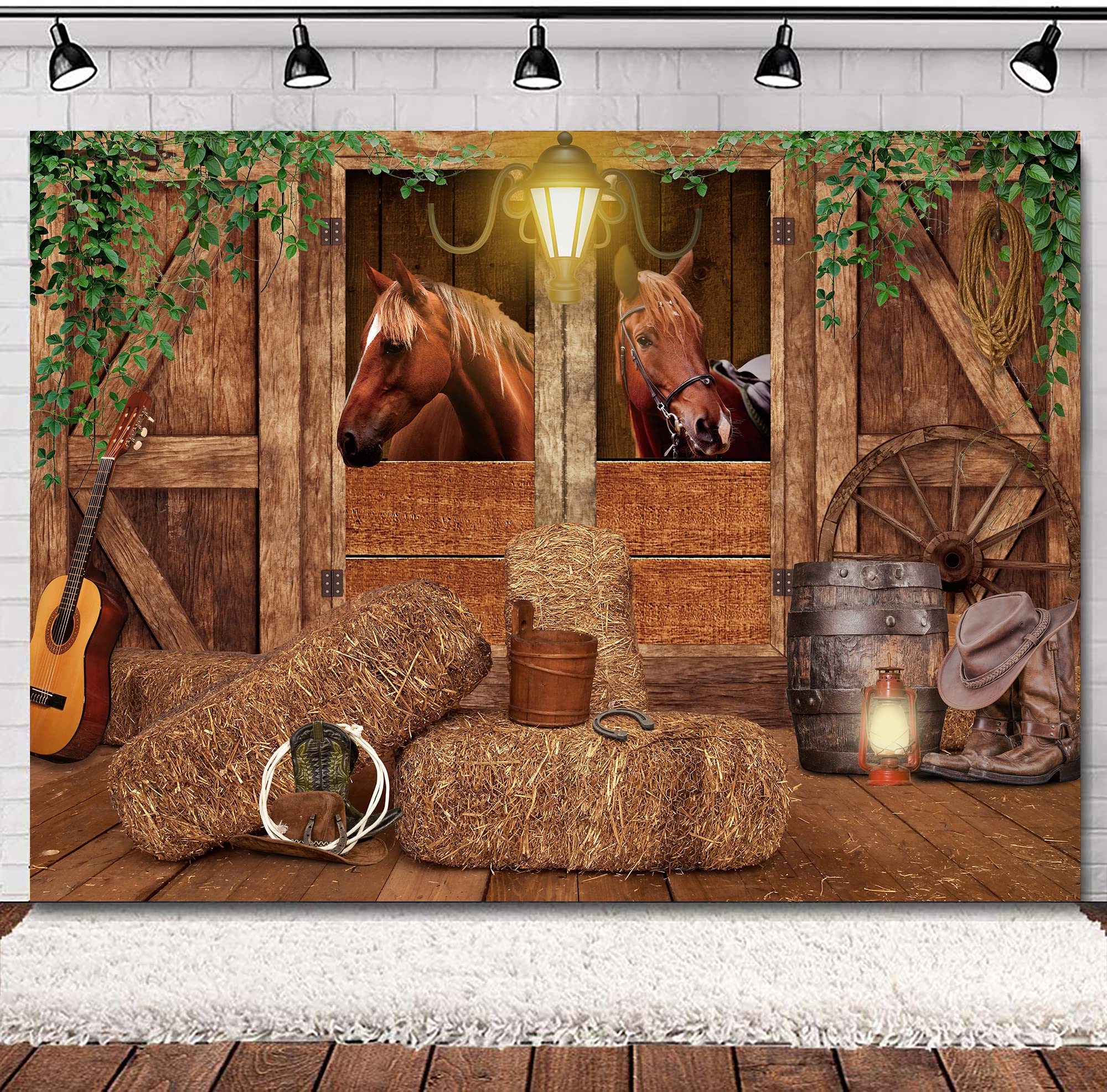 Svbright Stable Western Backdrop 8Wx6H Farmhouse Brown Wood Barn Door Green Leaves Cowboy Horse Old Wheels Light Guitar Wild Wes
