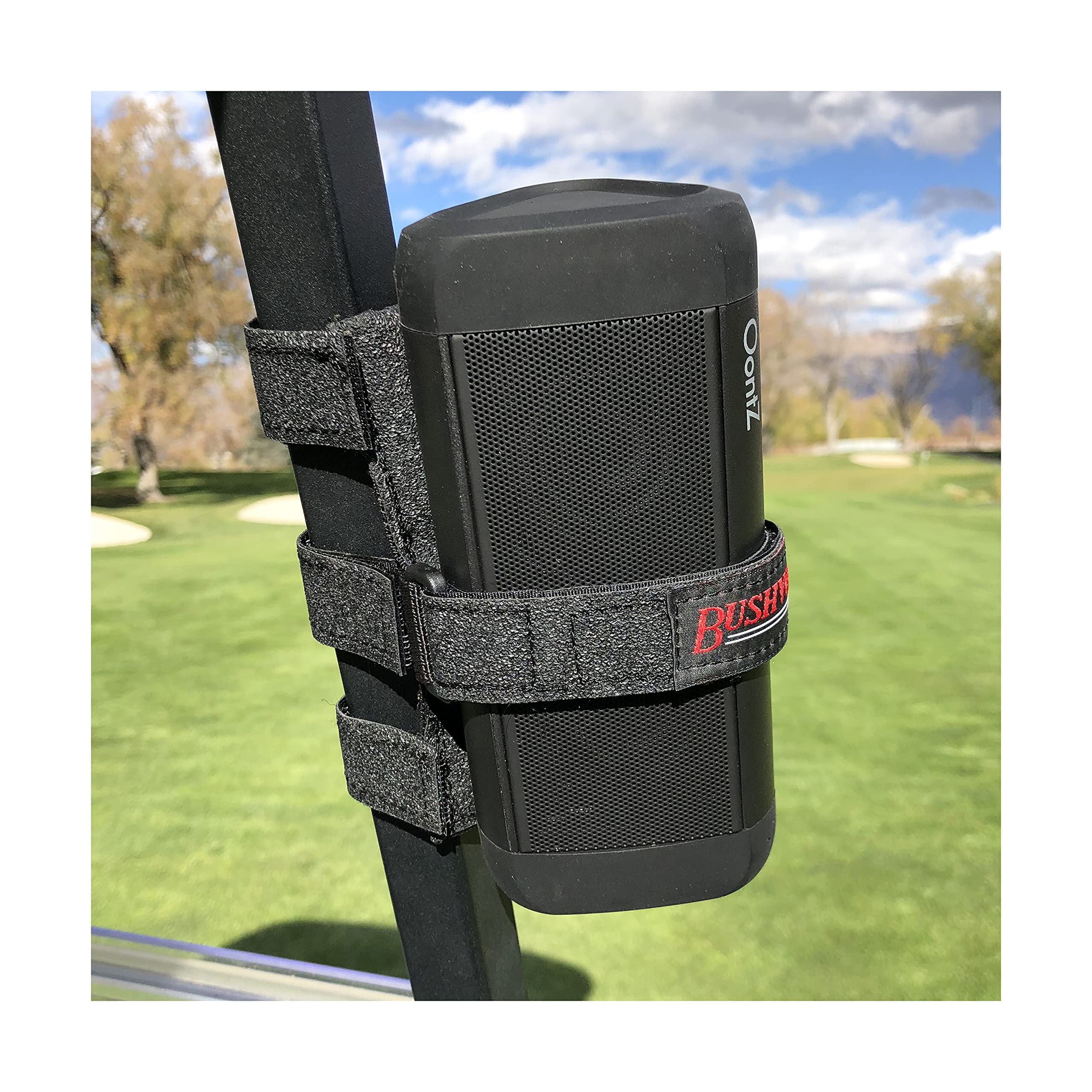 The Original Bushwhacker Portable Speaker Mount For Golf Cart Railing   Adjustable Strap Fits Most Bluetooth Wireless Speakers A