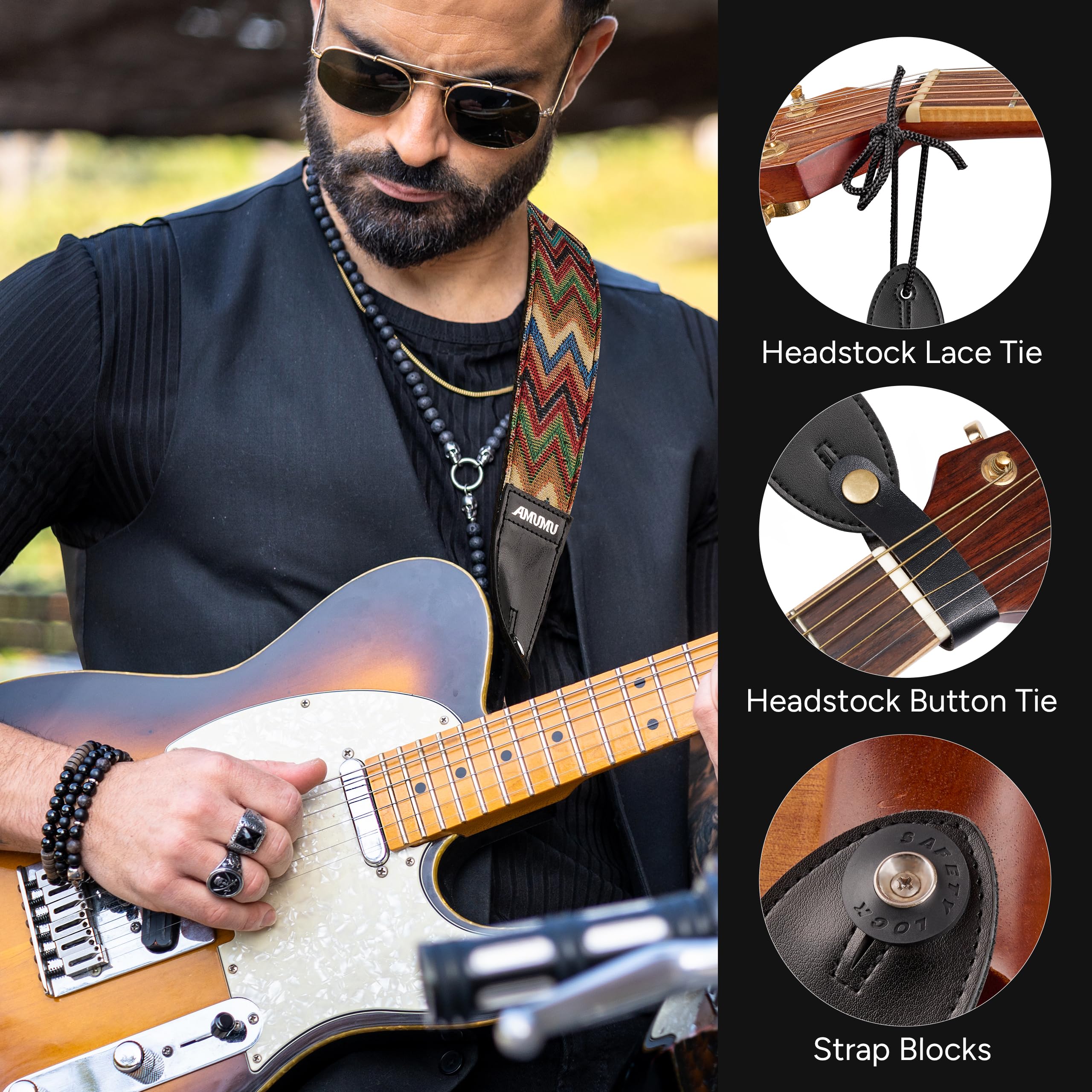 Amumu Chevron Guitar Strap Multicolor For Acoustic Guitar Electric Guitar And Bass Guitar Includes Strap Blocks And Headstock Ti
