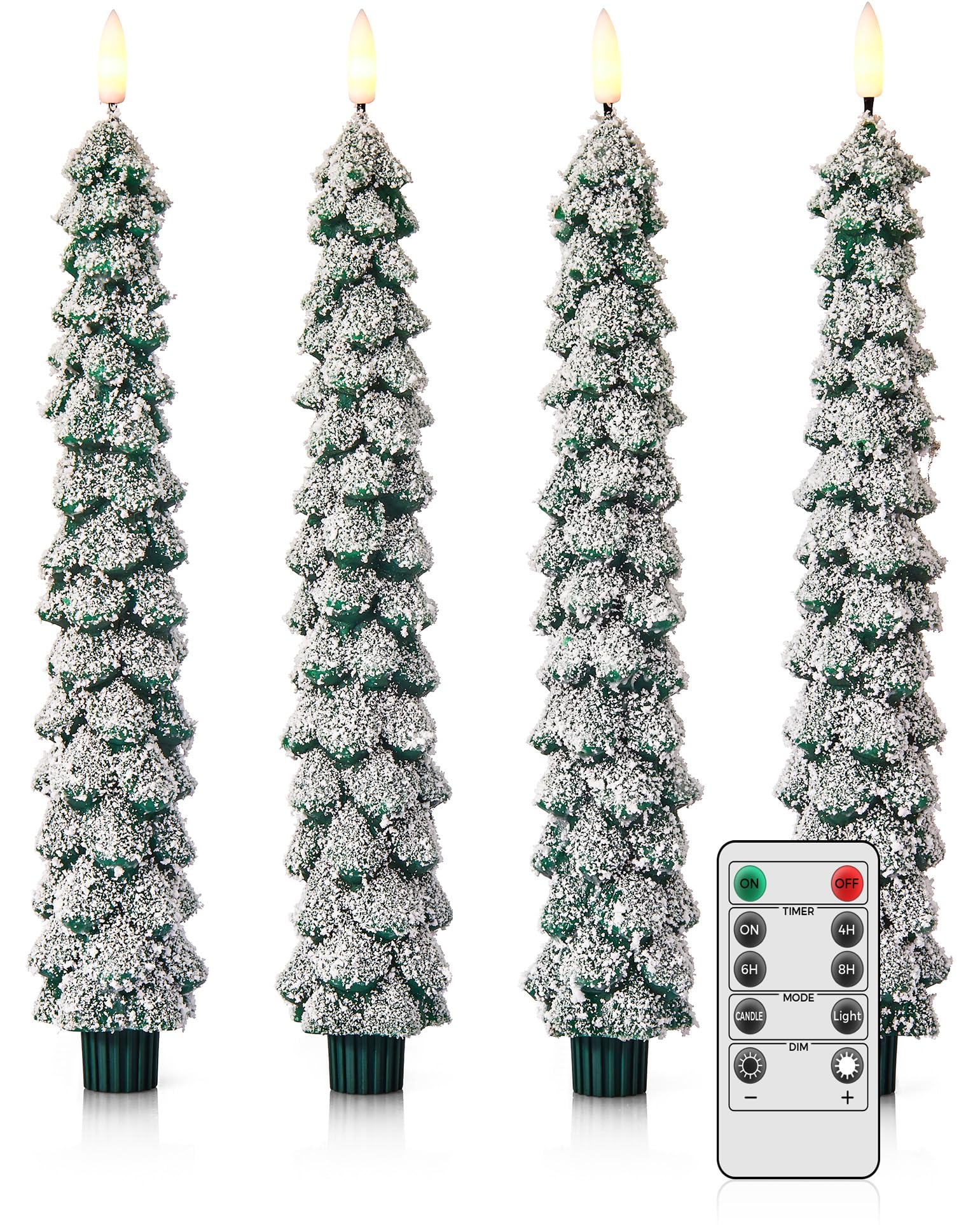 Velsyn 4 Pack Christmas Tree Candles Covered in Snow with Remote, 11 Inch Real Wax flameless Taper Candles, LED Candle Battery O