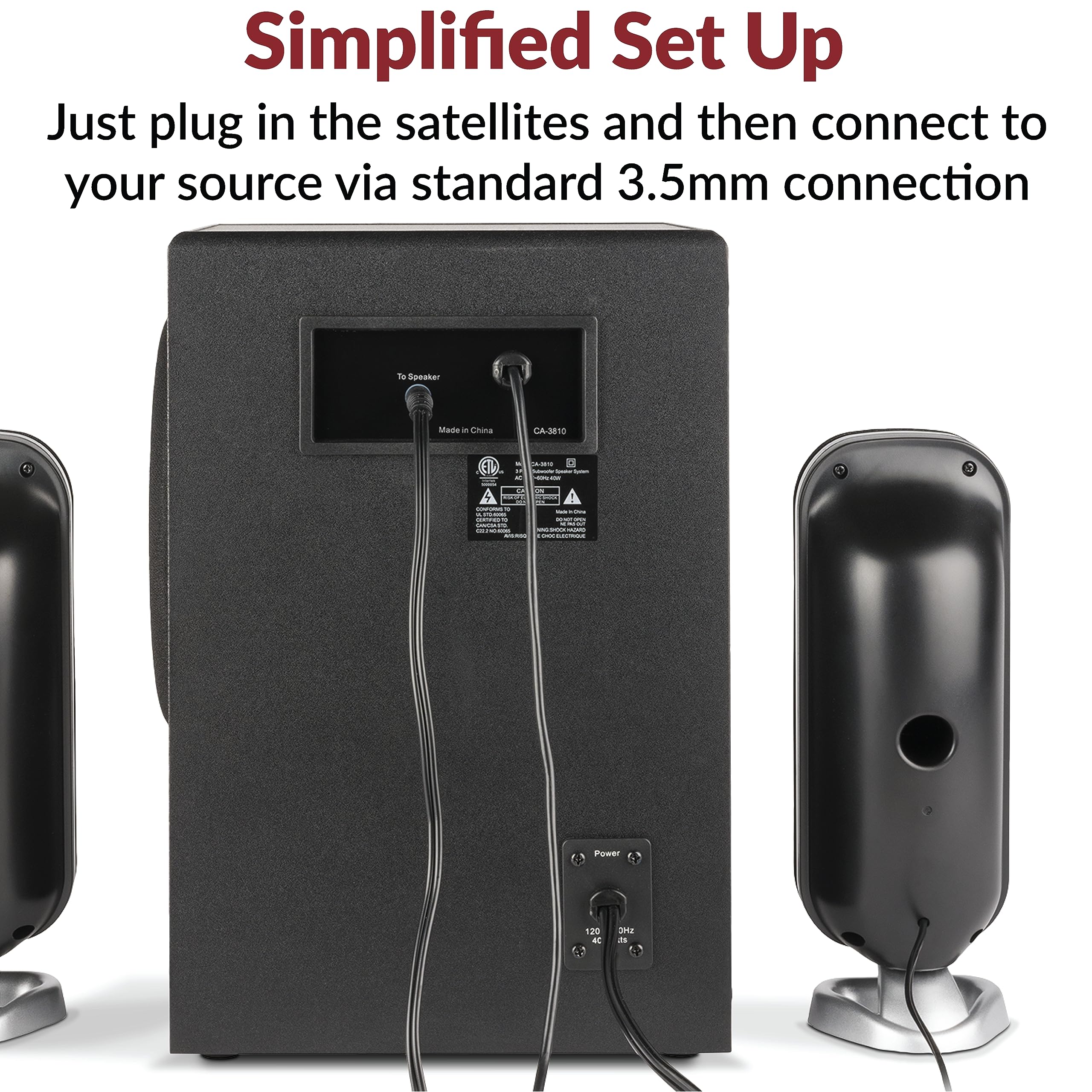 Cyber Acoustics Ca-3810 2.1 Multimedia Speaker System With Subwoofer, 80 Watts Peak Power, Strong Bass, Perfect For Music, Movie