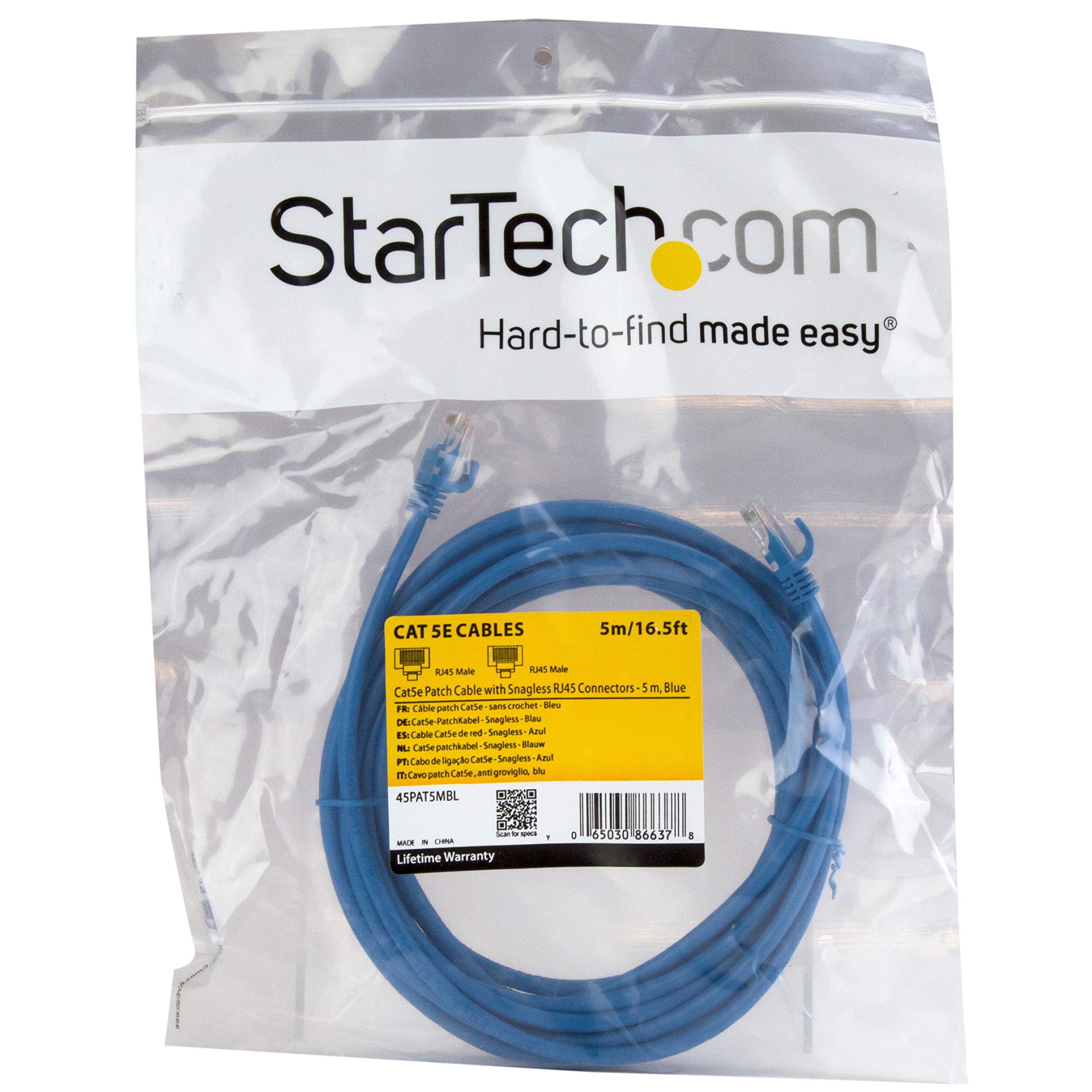 StarTech.com 5m Blue Cat5e Snagless RJ45 UTP Patch Cable   5 m Patch Cord   Ethernet Patch Cable   RJ45 Male to Male Cat 5e Cable (45PAT5MBL)
