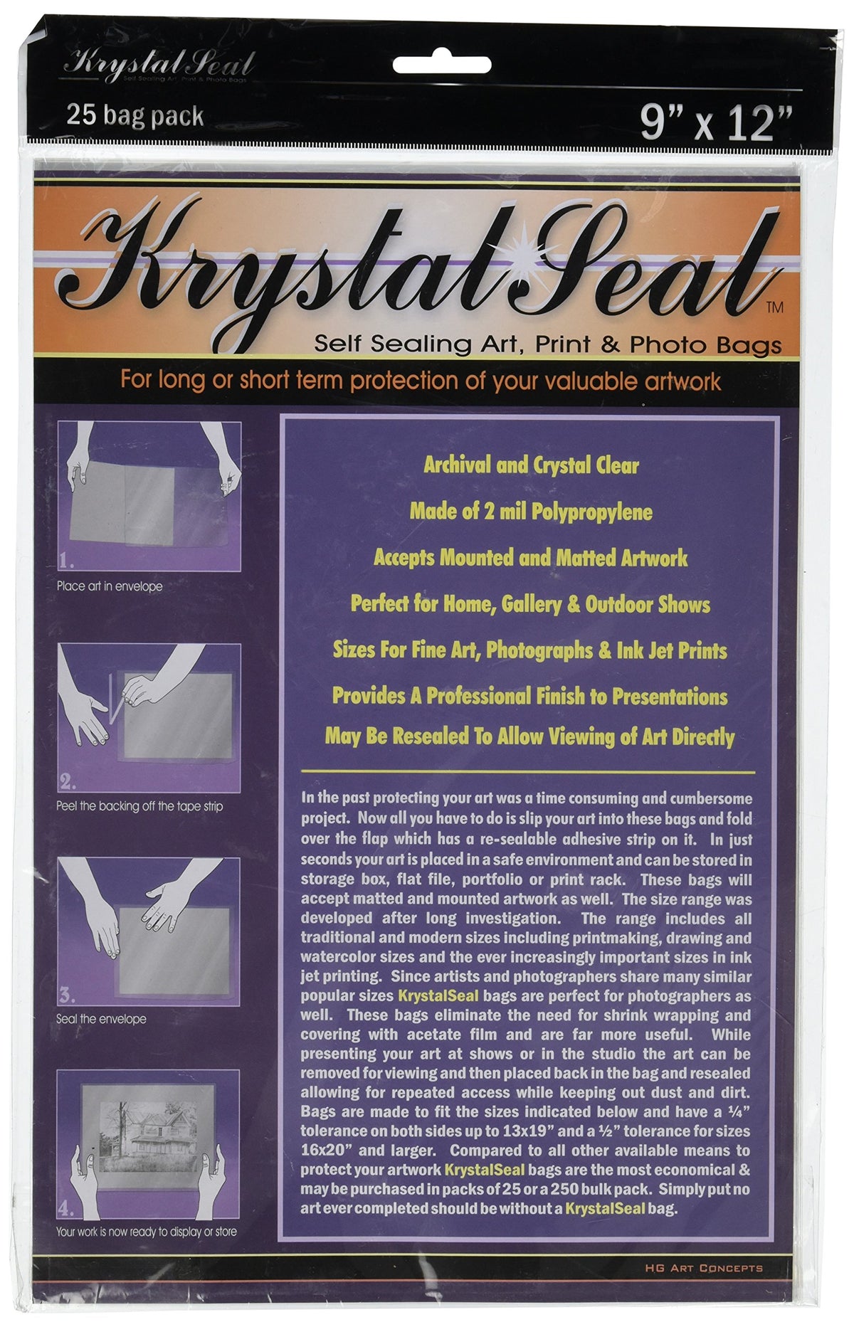 Creative Mark Krystal Seal Art and Photo Bags - Resealable Archival Storage Bags Art Sleeves Plastic Bag Used For Protecting Artwork Resealable With Adhesive Strip - [25 Pack - 9 x 12']