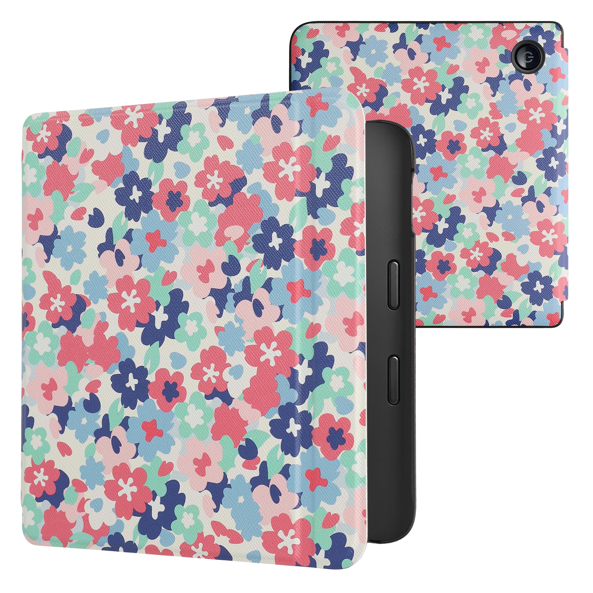 Kwmobile Case Compatible With Kobo Libra 2 Case   Ereader Cover   Pastel Flowers Red/Dusty Pink/Blue