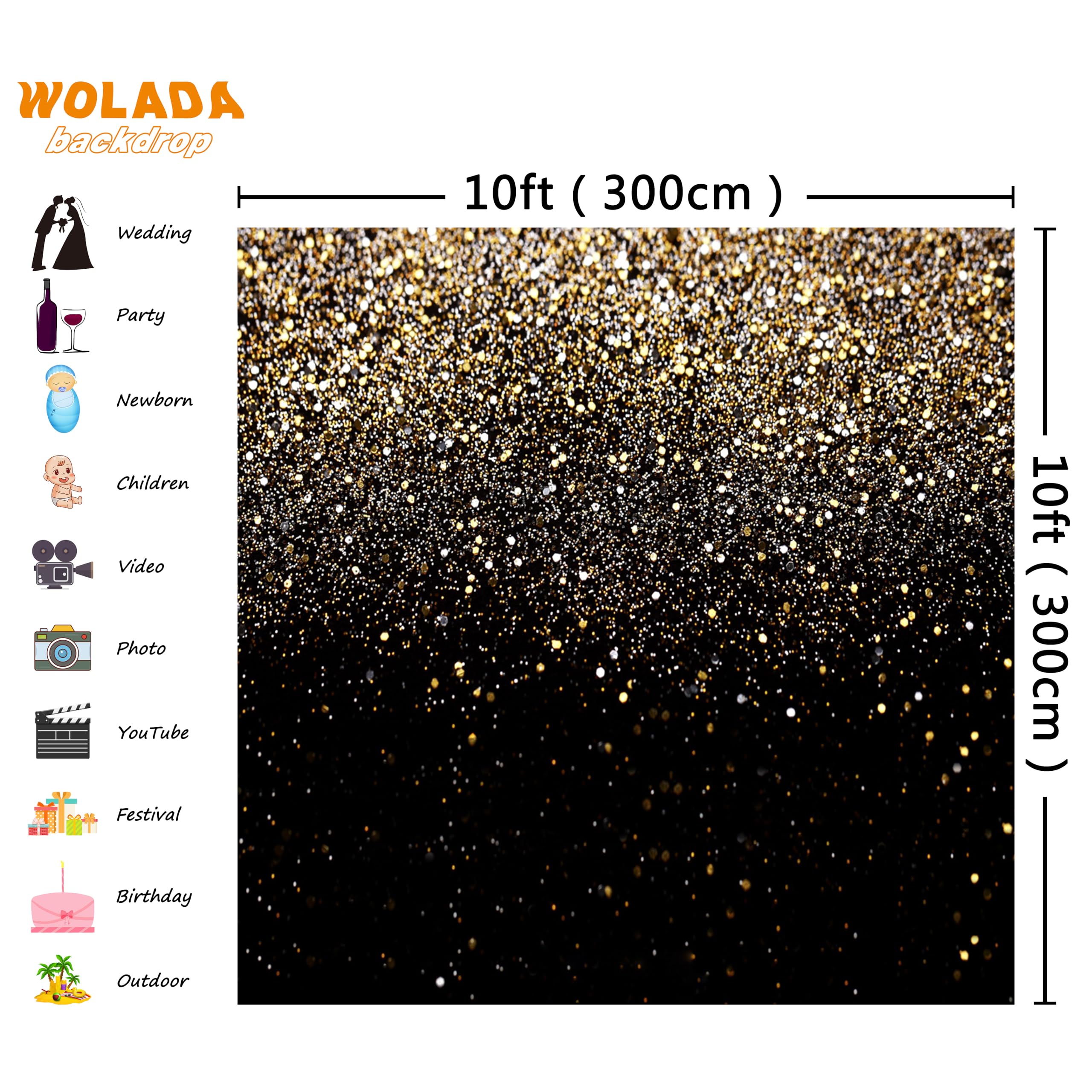 Wolada 10X10Ft Gold Backdrop Glitter Backdrop Gold Spots Bokeh Backdrop Black And Gold Backdrop Wedding Backdrop Gold Backdrop F