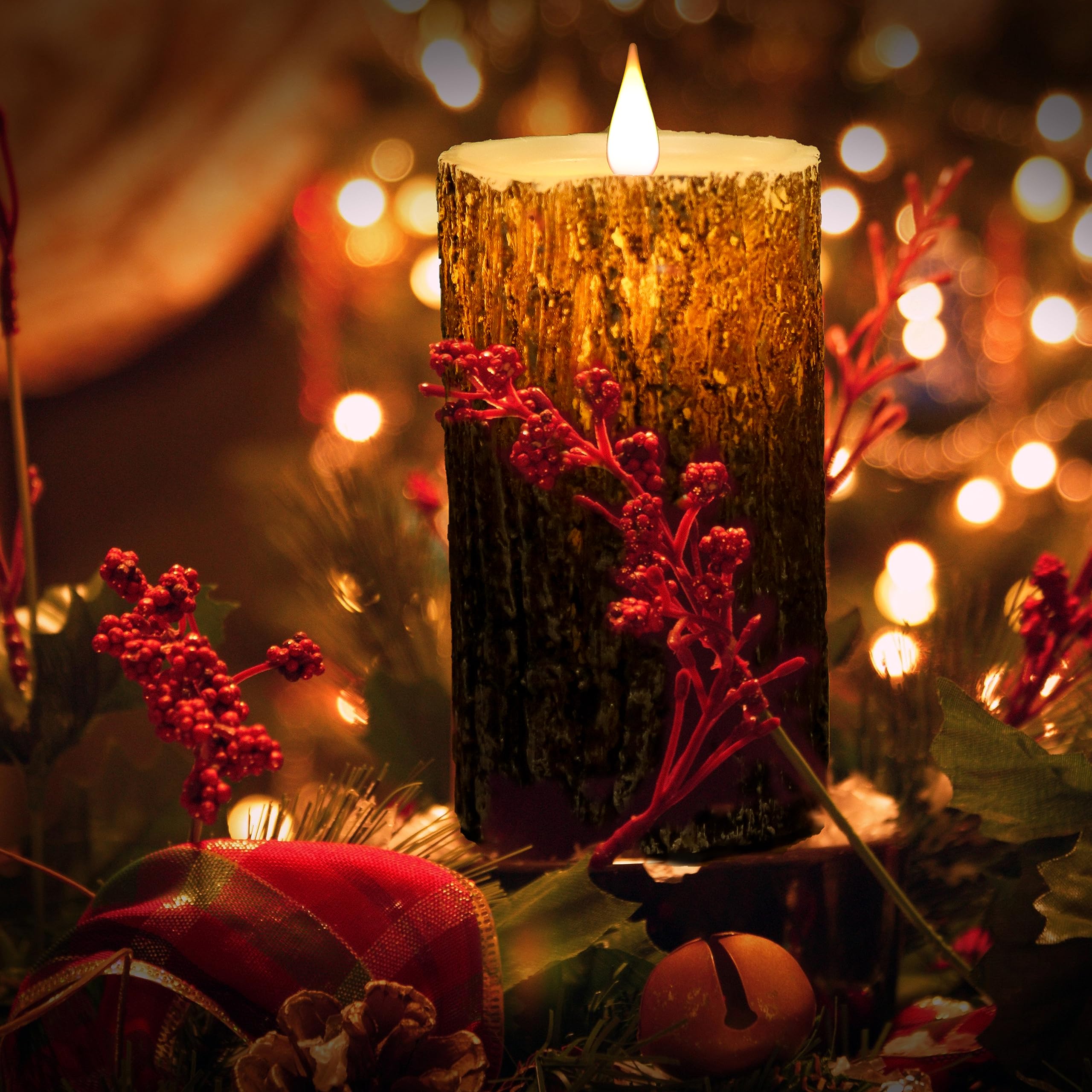 Niceme Led Pine Bark Flameless Candles Set Of 3 Real Wax Battery Operated Candles Flickering Teardrop Wick Electric Decorative P