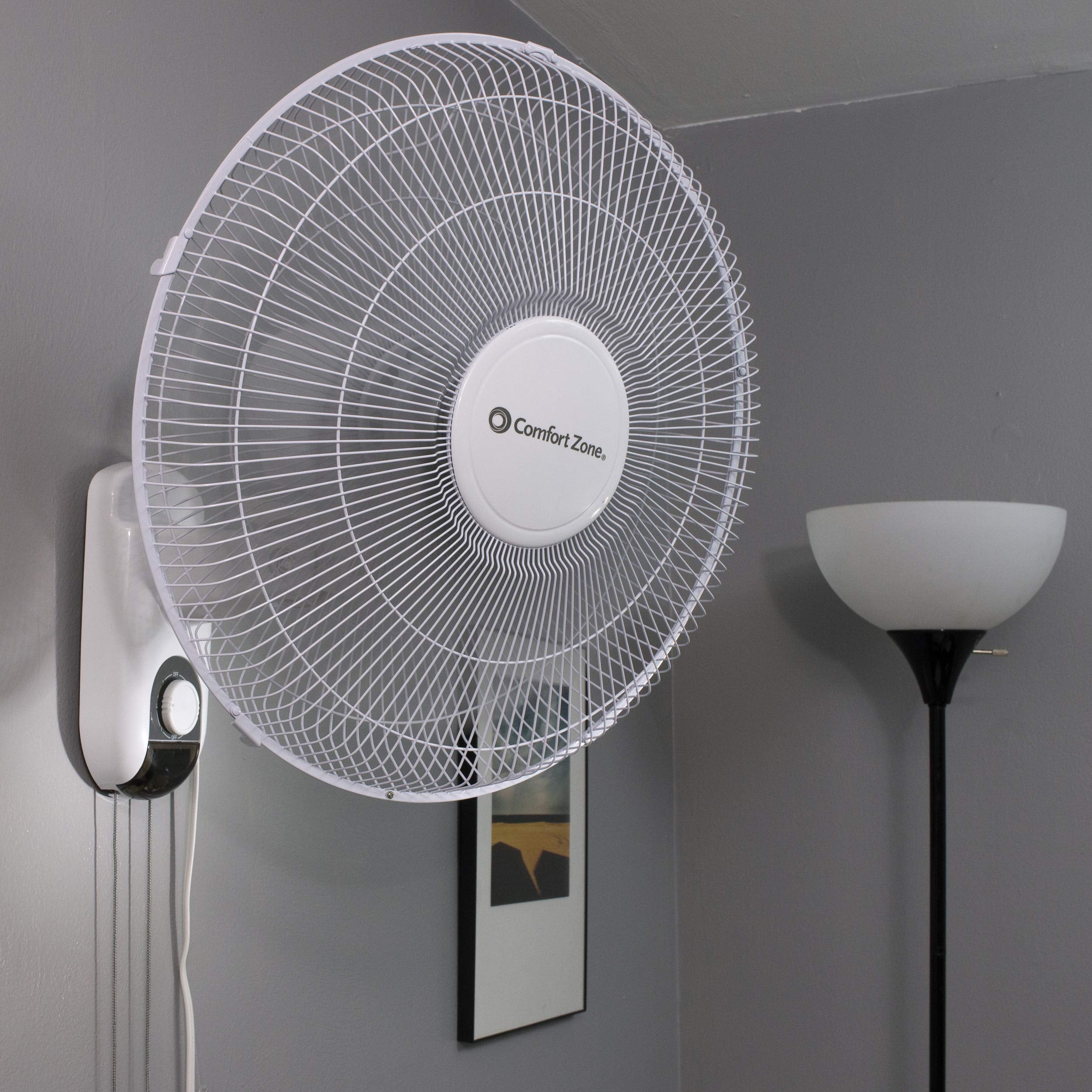 Comfort Zone Oscillating Wall Mount Fan With Adjustable Tilt, 16 Inch, 3 Speed, Metal Grille, 90 Degree Oscillation, Airflow 14.