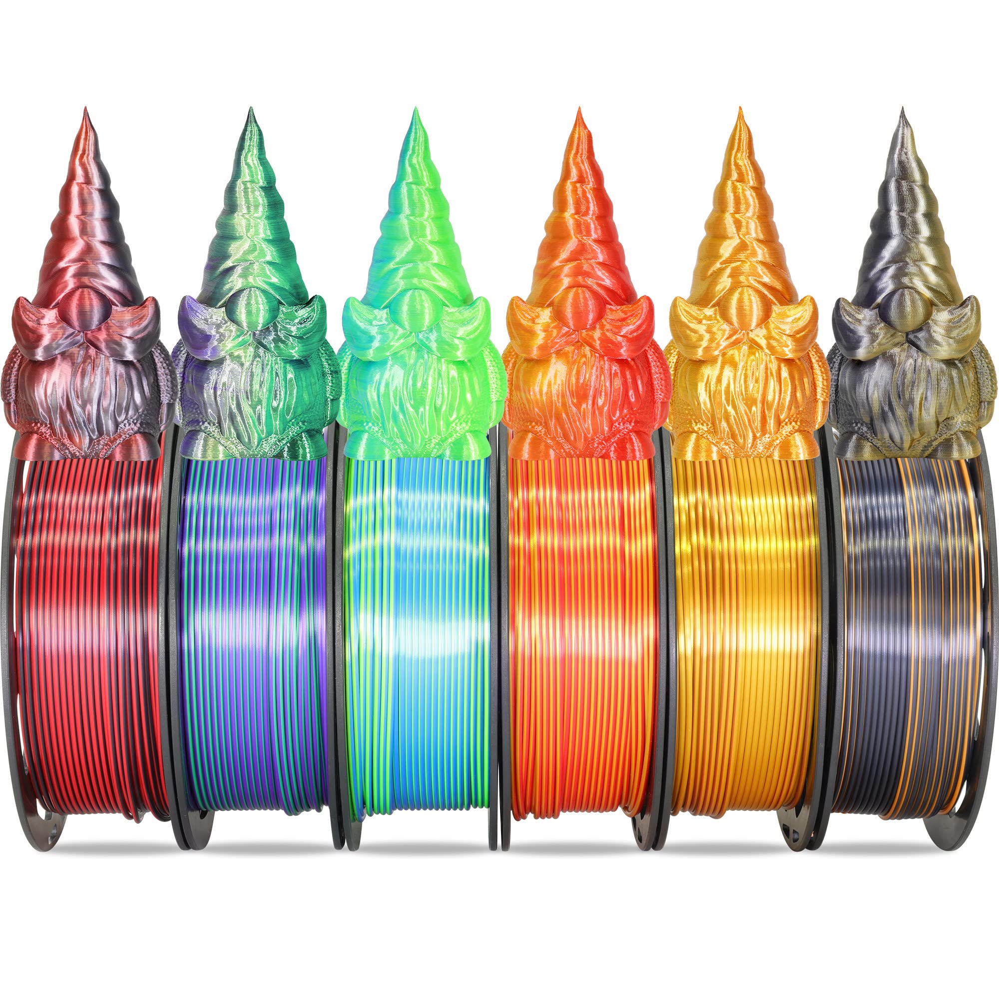 6 Spools Bicolor Dual Color 1.75mm 3D Printer Filament Bundle, 3D Printing Silk PLA, Silk Black-Purple/Purple-Gold/Black-White/B