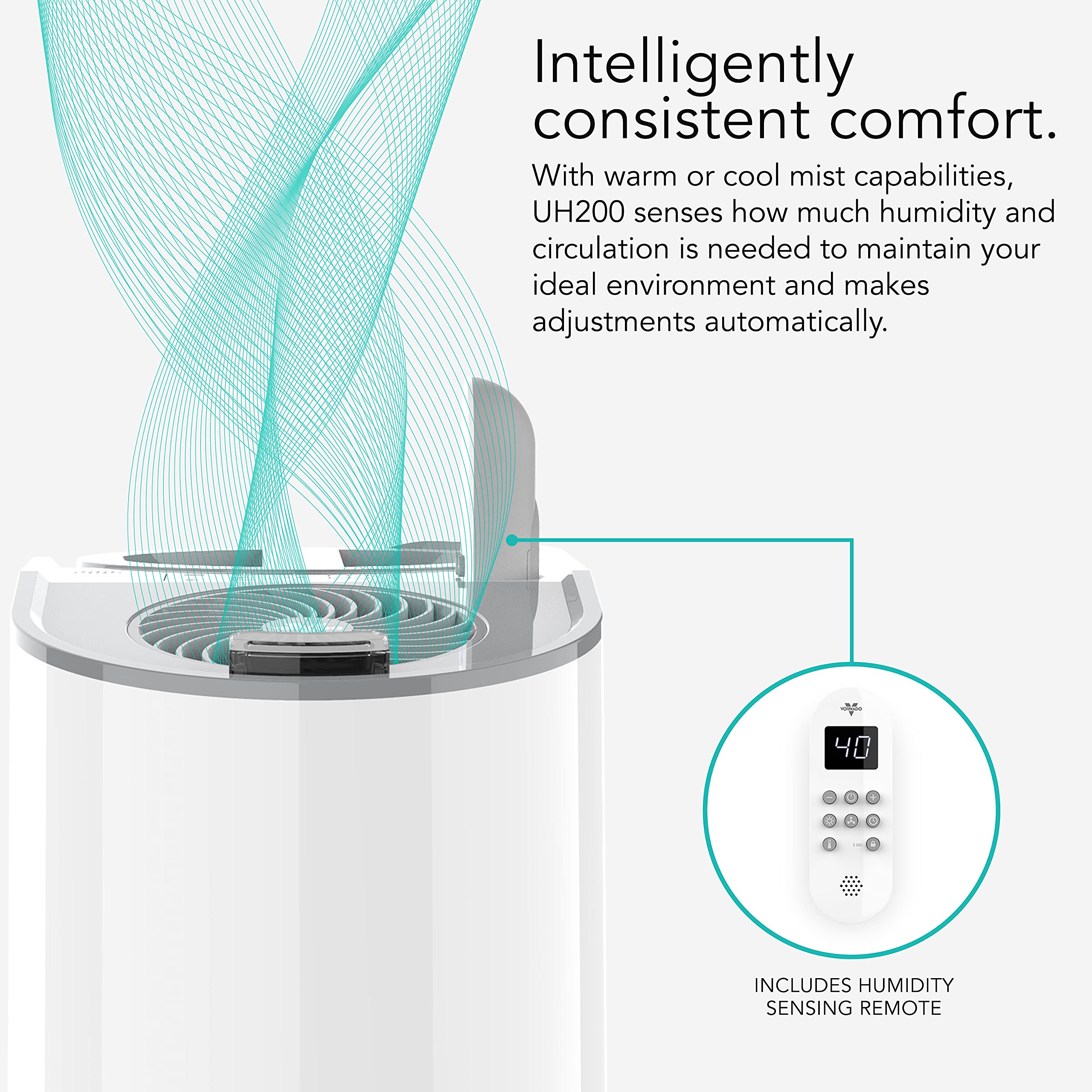 Vornado Uh200 Ultrasonic Humidifier With Fan Assisted Whole Room Humidification, Auto Humidity Control, Remote, And Electronic H