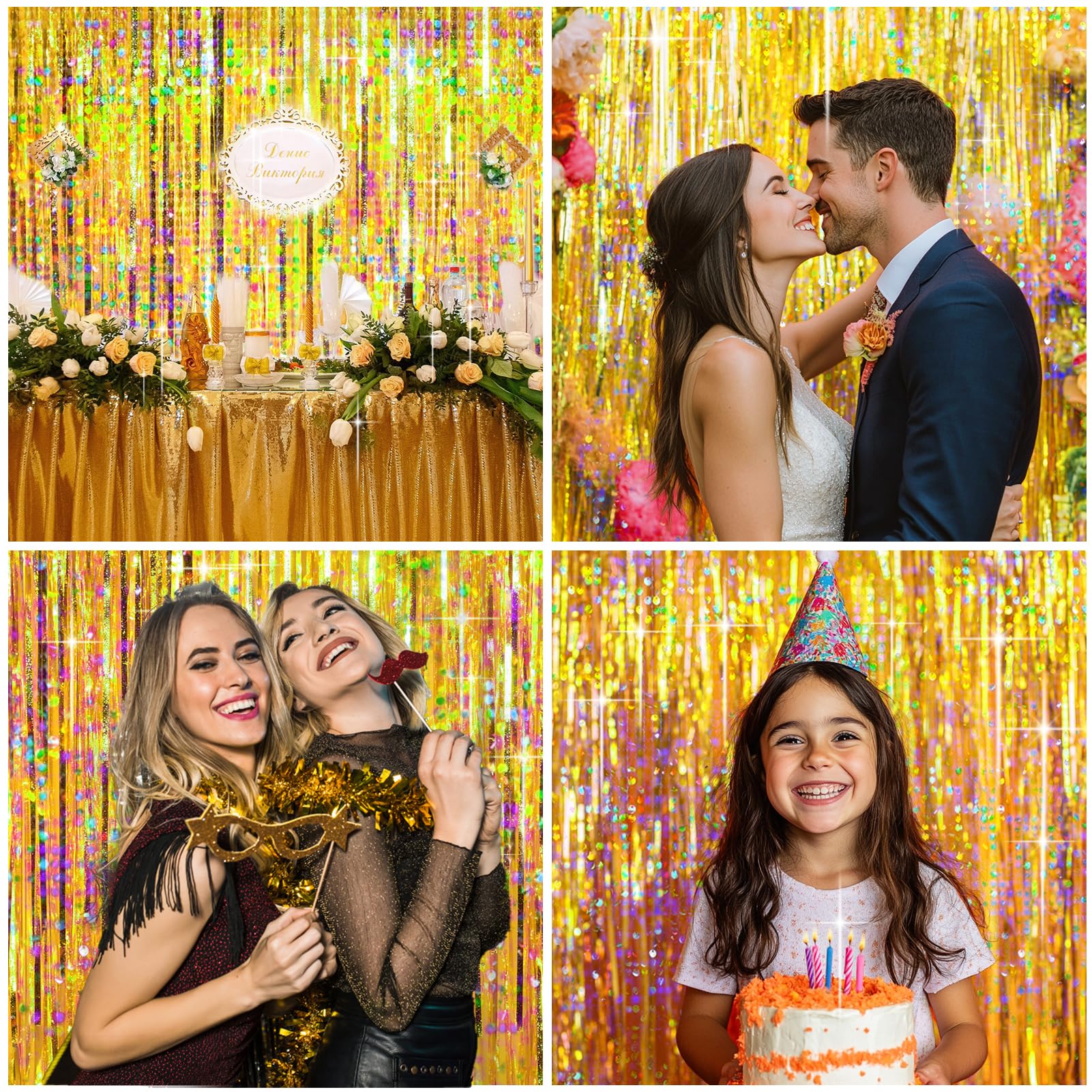4 Packs Gold Foil Fringe Curtain, Gold Glitter Metallic Tinsel Backdrop For Birthday, Wedding, Baby Shower, Bachelorette, Gradua