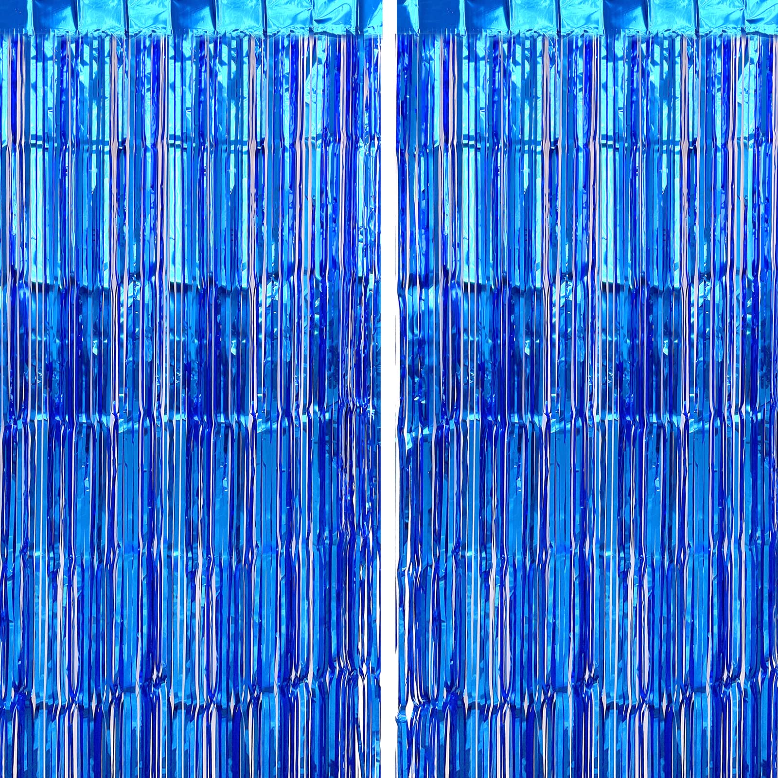 Chrorine 2Pcs 1M X 2.5M Blue Metallic Tinsel Foil Fringe Curtains, Party Streamers Backdrop For Kids Boy Birthday Baby Shower Ba
