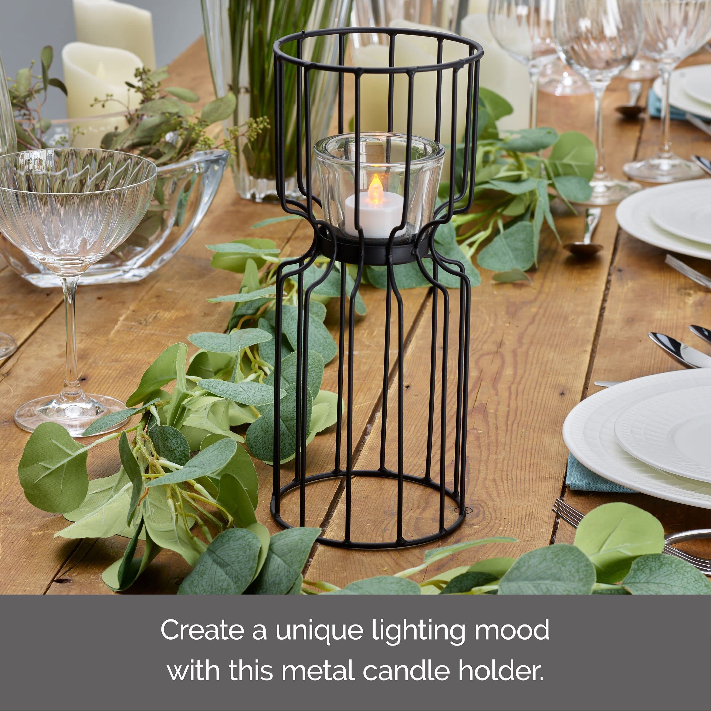 Elements 5.12X5.12X11.42 Inch Black Metal Wire With Clear Glass Votive Holder, For Use With Wax Or Flameless Candle