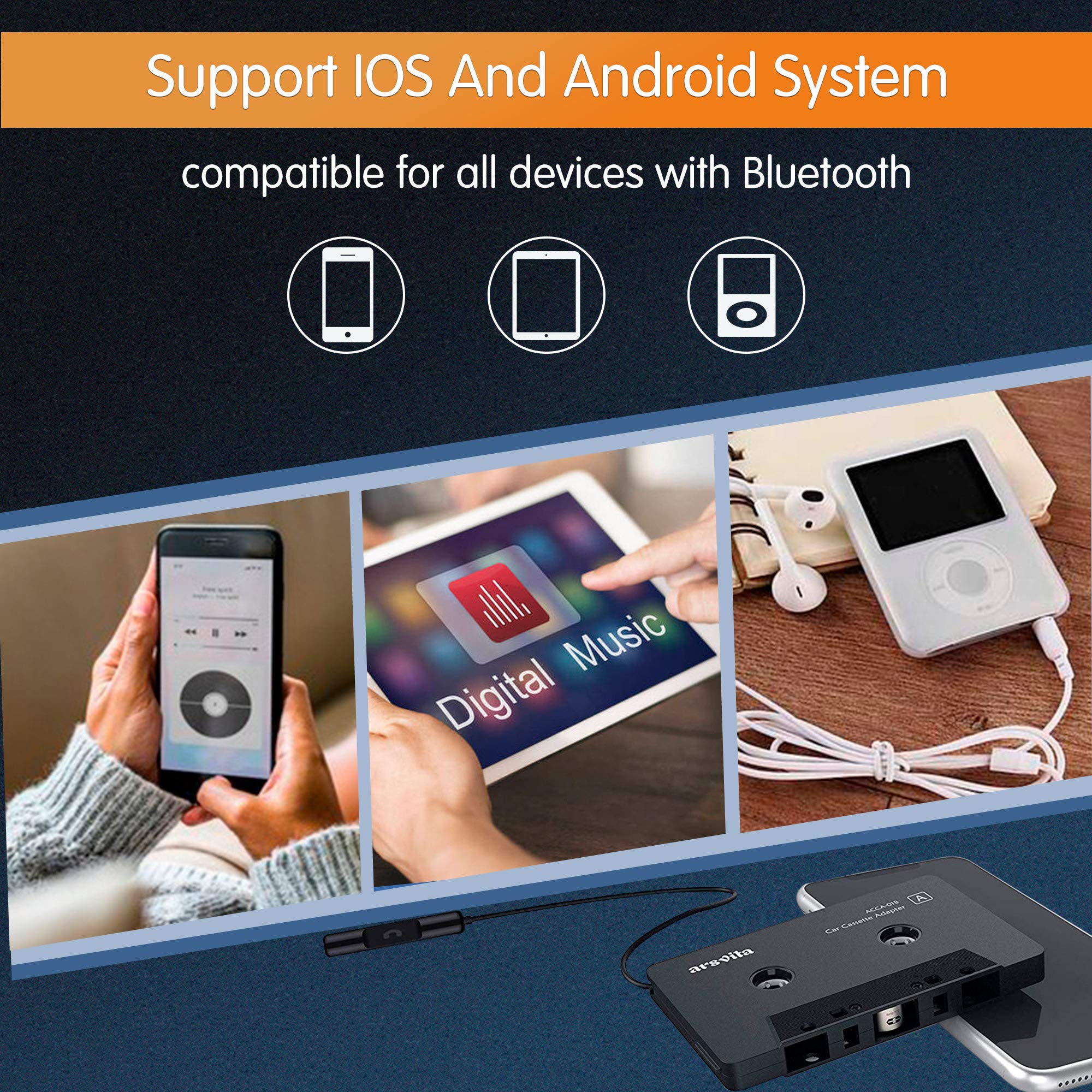 Arsvita Car Audio Bluetooth Cassette Receiver, Tape Player Bluetooth 5.0 Cassette Aux Adapter