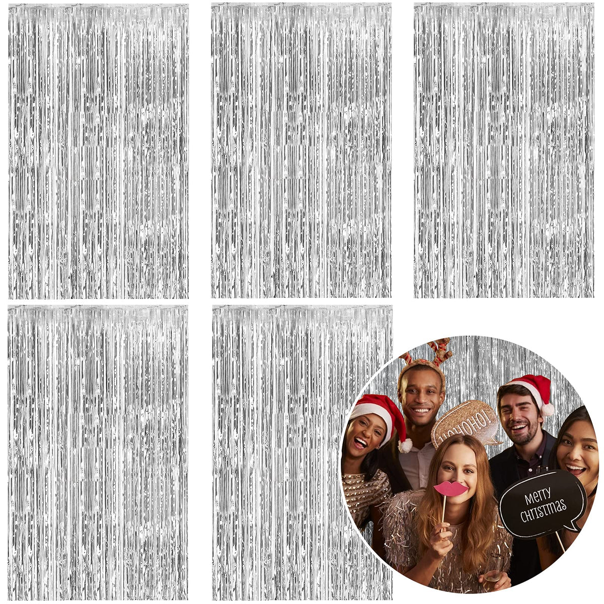5 Pack Foil Curtain Backdrop Silver Metallic Tinsel Foil Fringe Curtains Photo Booth Props For Birthday Wedding Engagement Baby