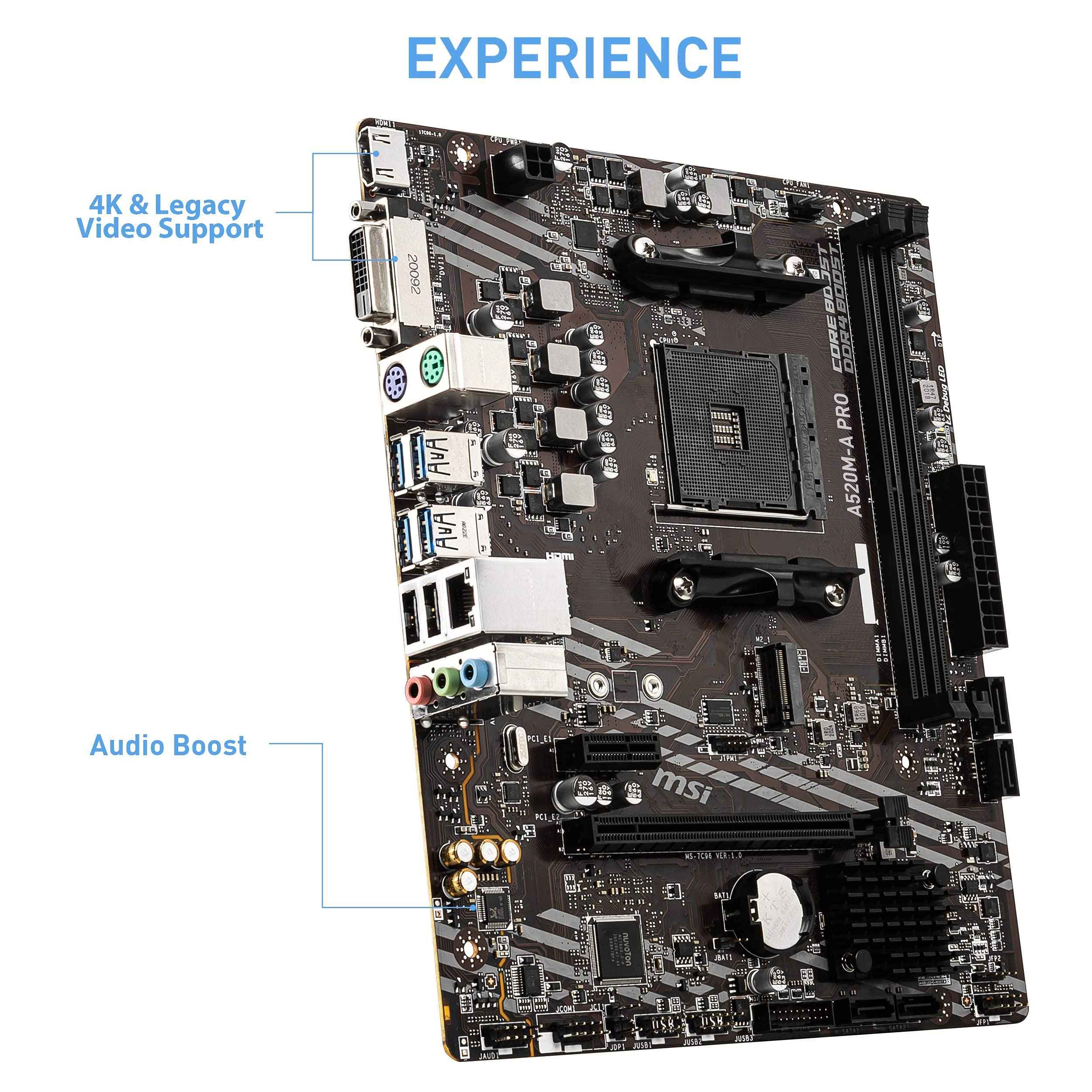 Msi A520M A Pro Gaming Motherboard (Amd Am4, Ddr4, Pcie 4.0, Sata 6Gb/S, Dual M.2, Usb 3.2 Gen 1, Dvi/Hdmi, Micro Atx)