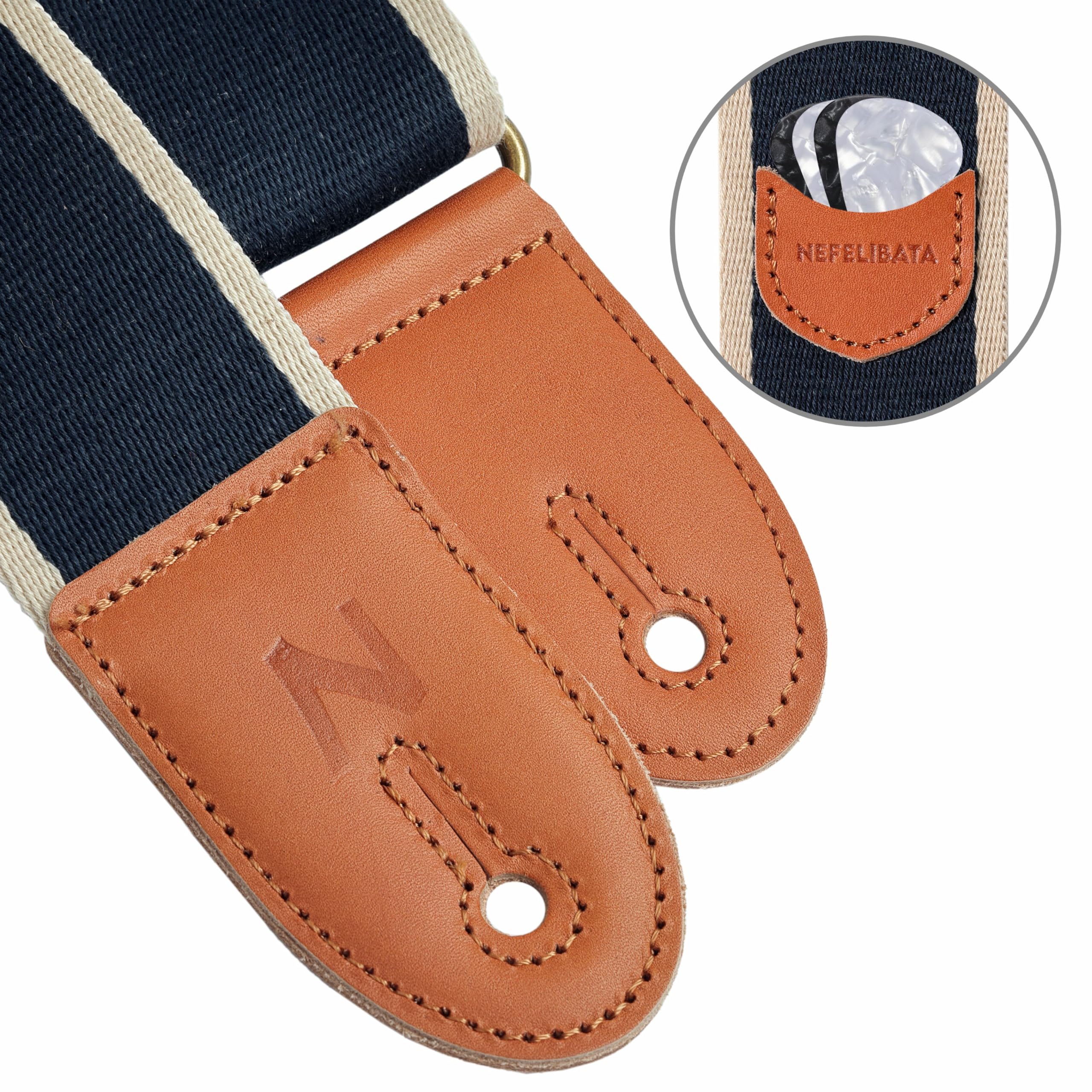 Nefelibata Guitar Strap, Cotton Full Grain Leather Ends Guitar Straps With Pick Pocket For Bass, Electric & Acoustic Guitar, Com