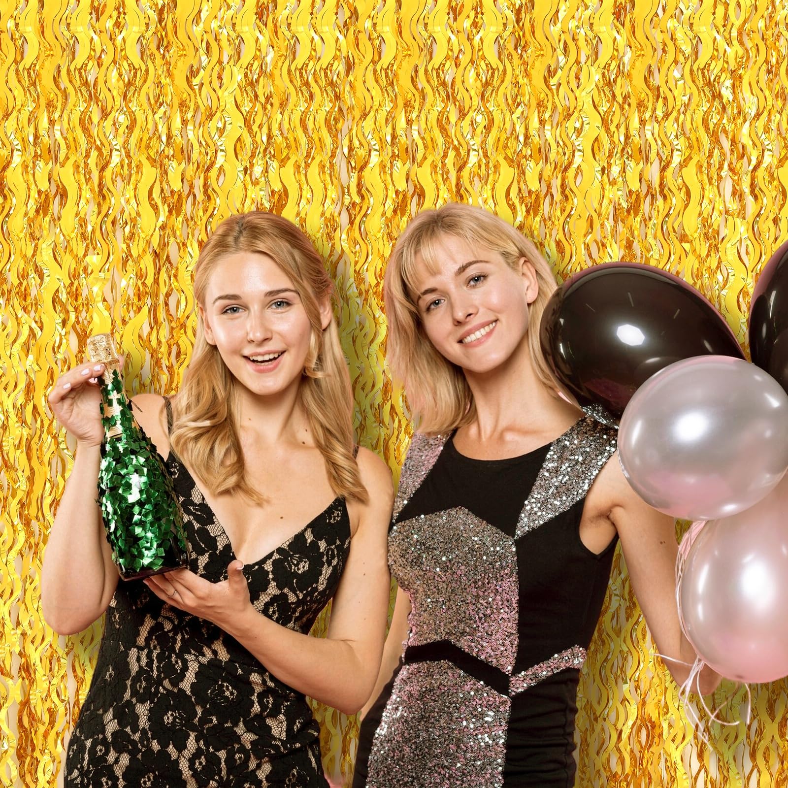Pigetale 2 Pack 3.2X6.5 Feet Wavy Gold Foil Fringe Backdrop Curtains Tinsel Streamers Dance Party Decorations Photo Booth Props