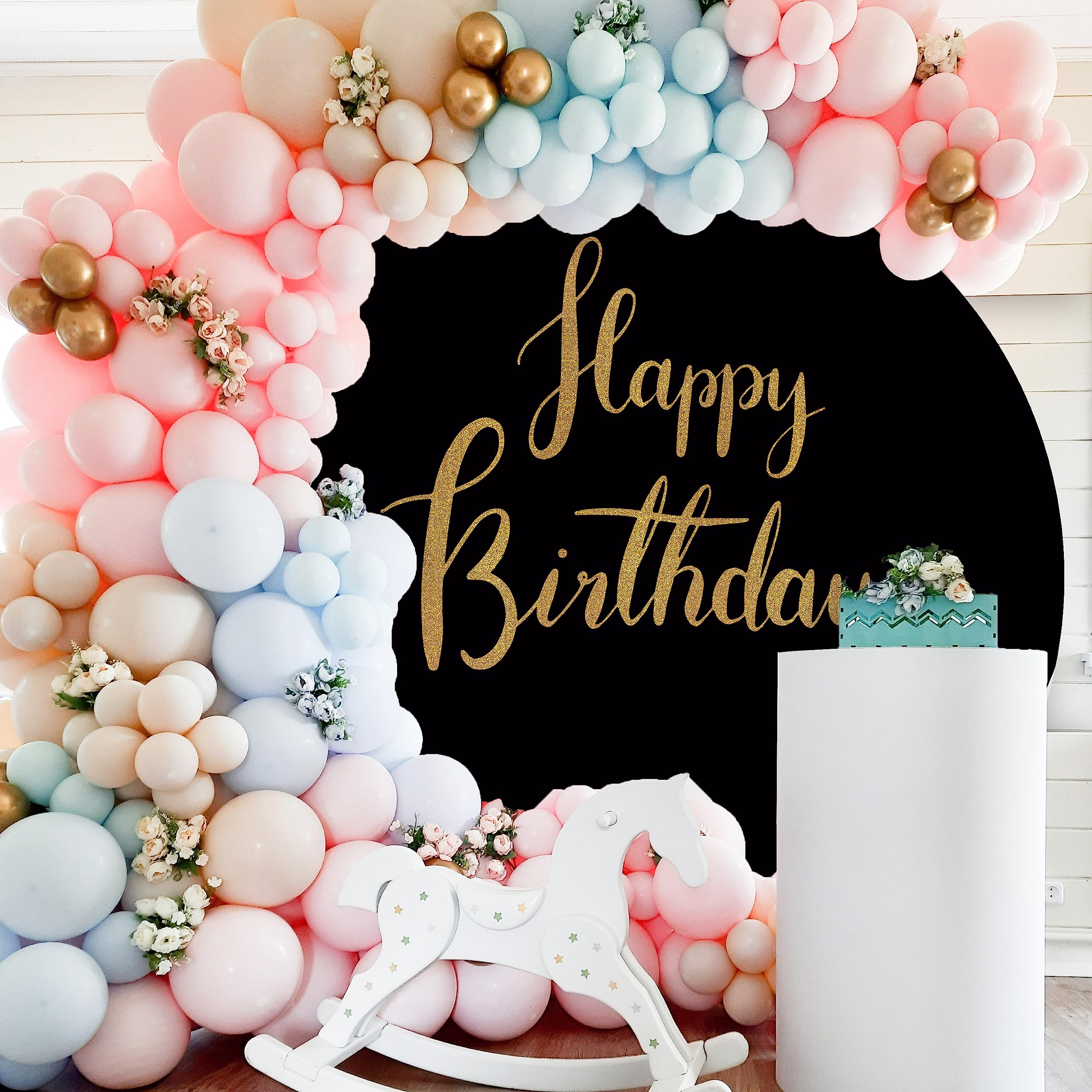 Jditngp 6.5Ftx6.5Ft Gold Happy Birthday Sign Round Backdrop Cover,Black Round Backdrop Cover Happy Birthday Party Decoration Bla