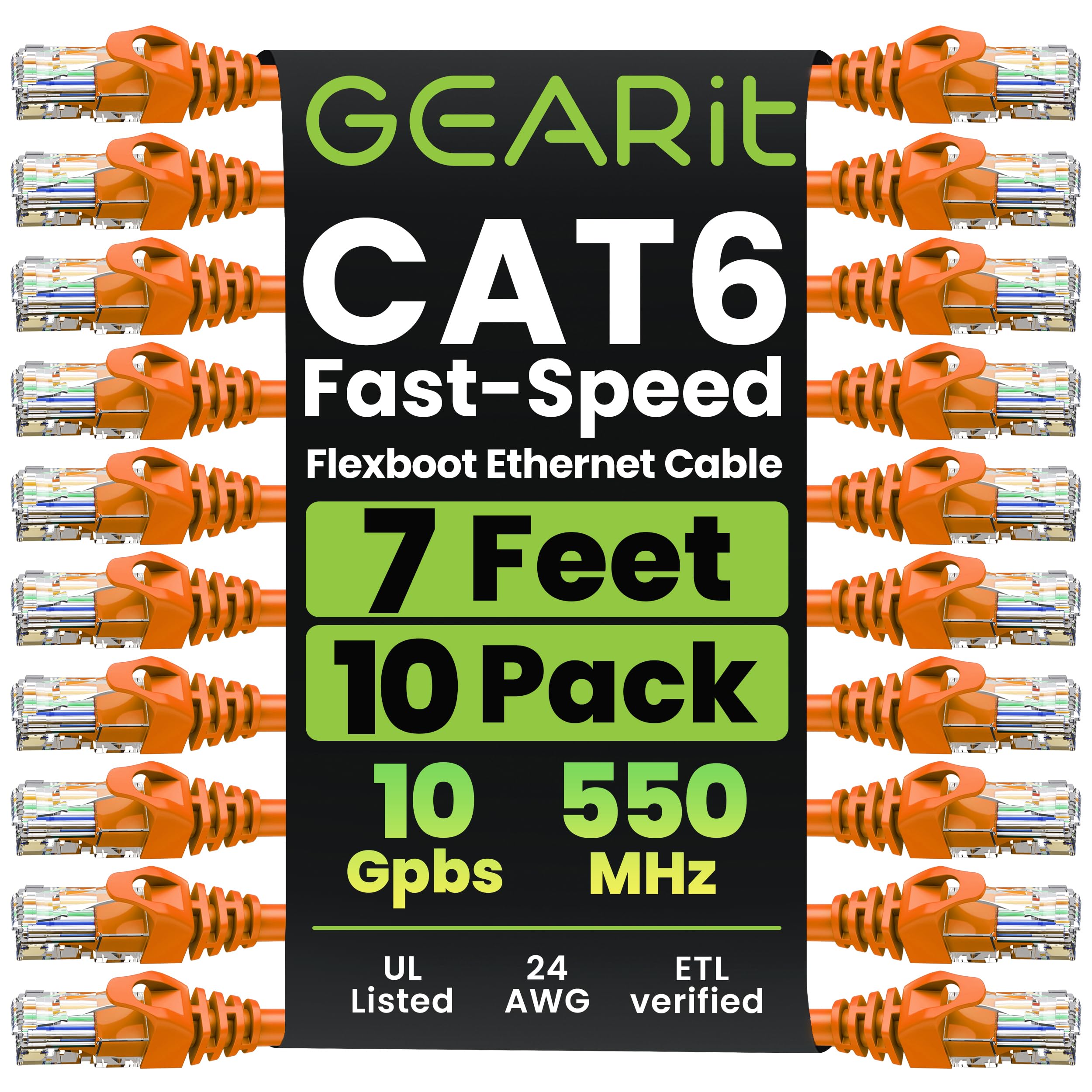 GEARit Cat 6 Ethernet Patch Cable 7 ft Orange (10 Pack) - Cat6 Patch Cables 7 ft Orange/Ethernet Patch Cable, 10Gbps 24AWG Pure