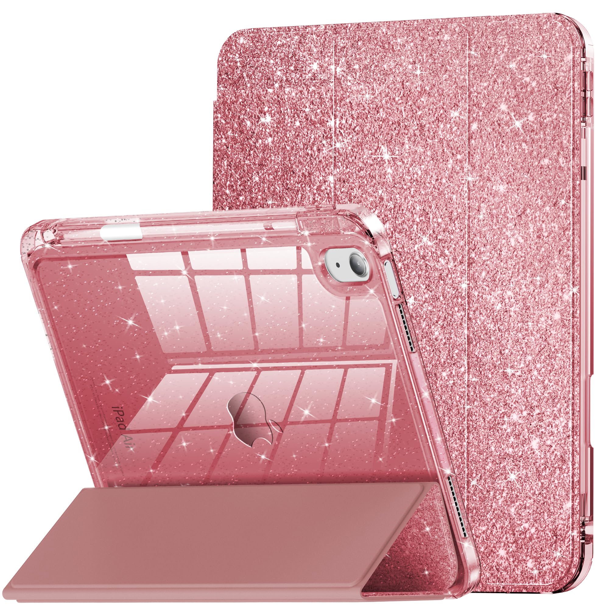 Infiland Compatible With Ipad 10Th Generation Case 10.9 Inch, Ipad A16 11 Inch 11Th Generation, Glitter Leather Cover With Sparkly Crystal Clear Back, Pencil Holder, Rose Gold