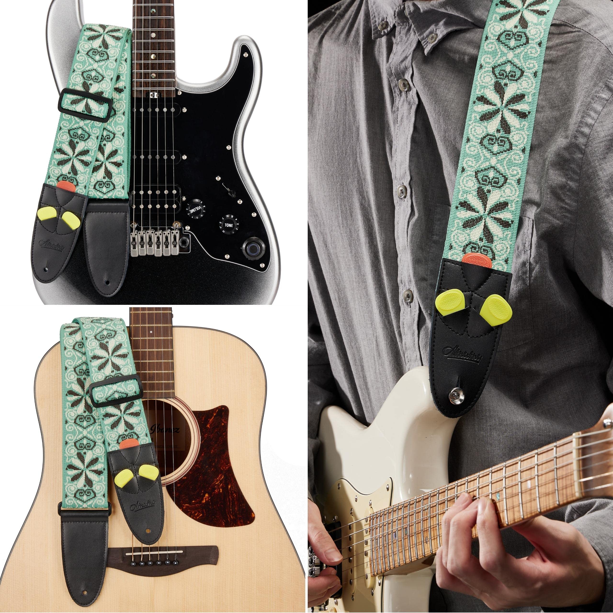 Amumu Hootenanny Jacquard Guitar Strap Green Polyester For Acoustic, Electric And Bass Guitars With Lace Tie