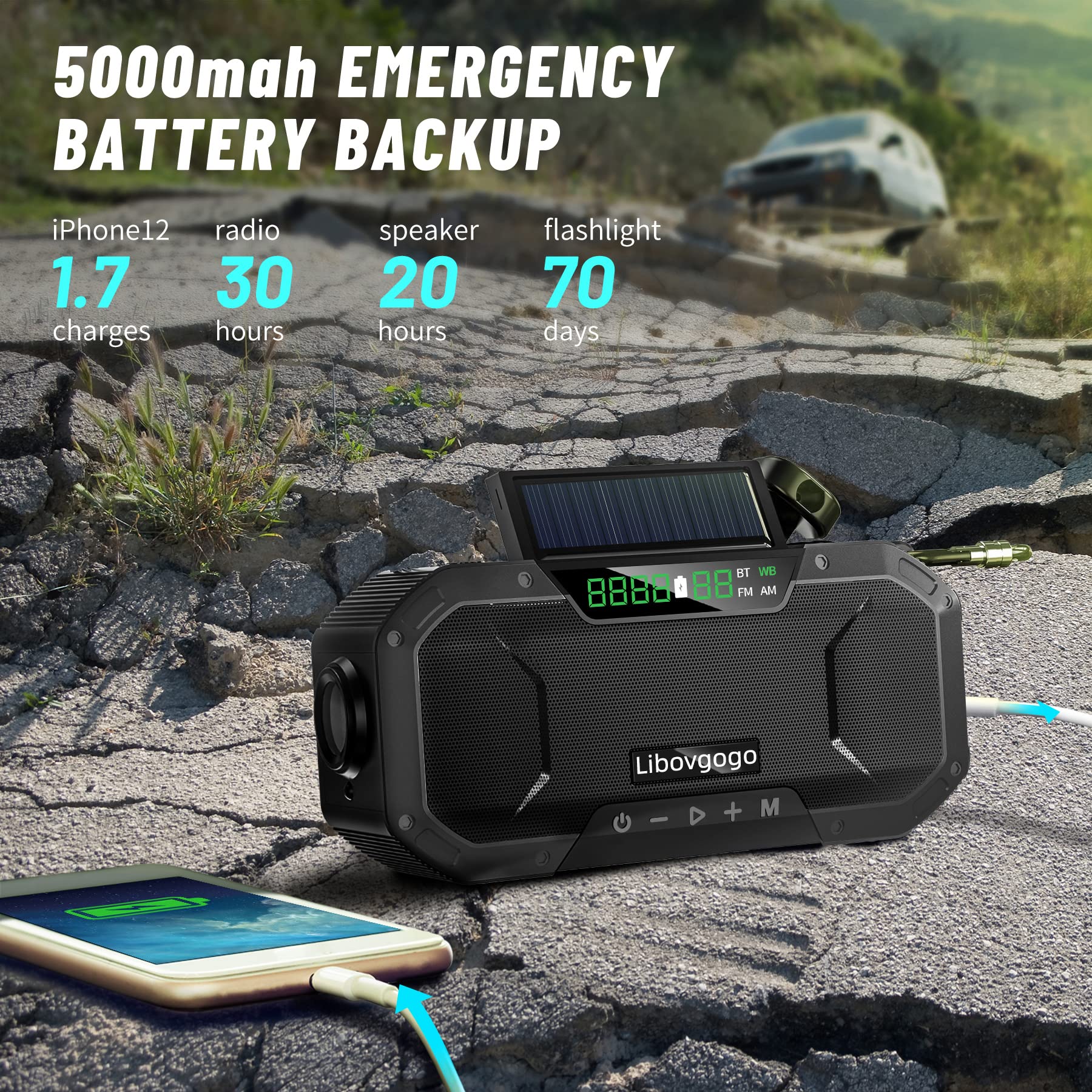 Emergency Radio Waterproof Bluetooth Speaker,Portable Digital Am Fm Radio With Flashlight,Reading Lamp,Hand Crank Noaa Weather Radio With Solar Panel,5000Mah Cell Phone Charger,Emergency Survival Kit