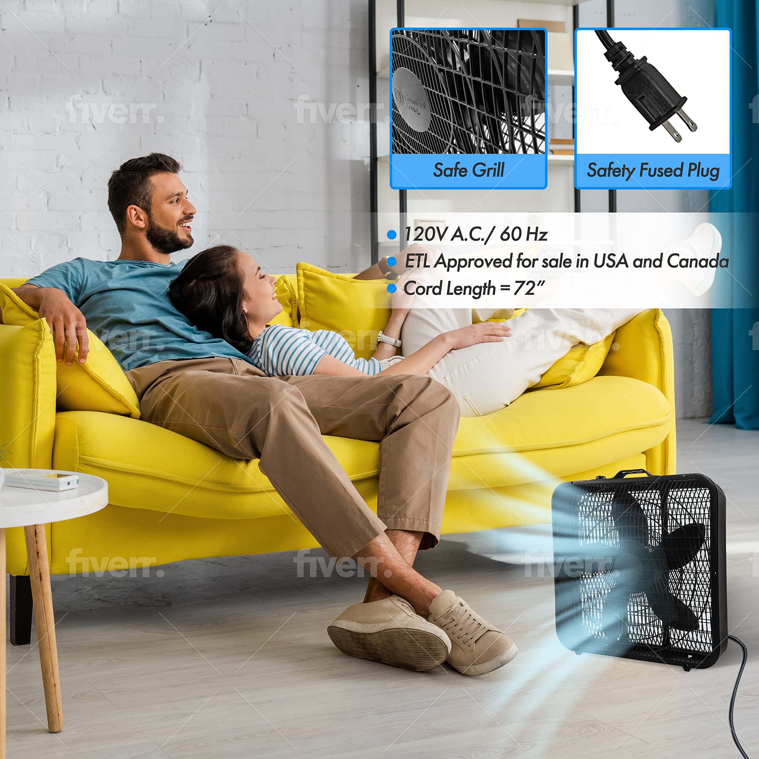 Comfort Zone Box Fan With Carry Handle, 20 Inch, 3 Speed Full Force Air Circulation With Air Conditioner, Floor Fan, Bedroom Fan