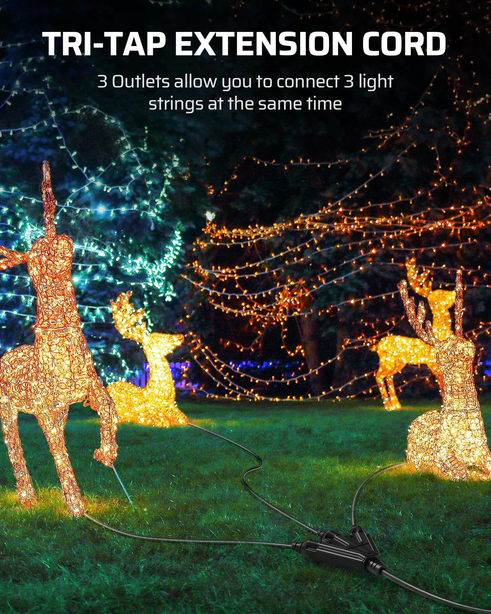 Dewenwils 10 Ft Christmas Outdoor Tri Tap Extension Cord Splitter, Weatherproof 16/3 Sjtw Power Cable For Holiday Decoration And