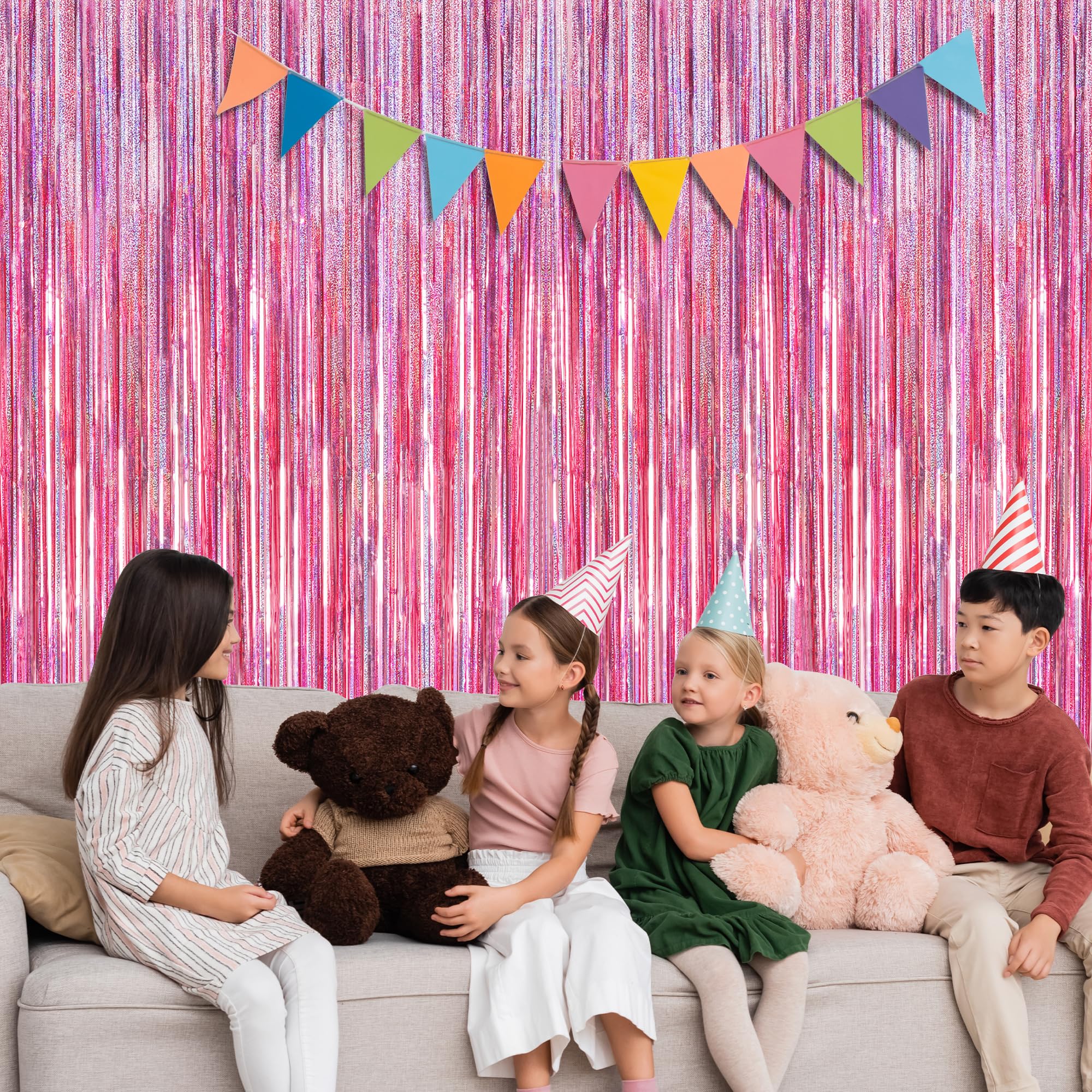 12 Pack Pink Backdrop, 3.28 Ft X 7.05 Ft Foil Streamers, Metallic Glitter Backdrop Pink Tinsel Fringe Curtains Party Streamers,