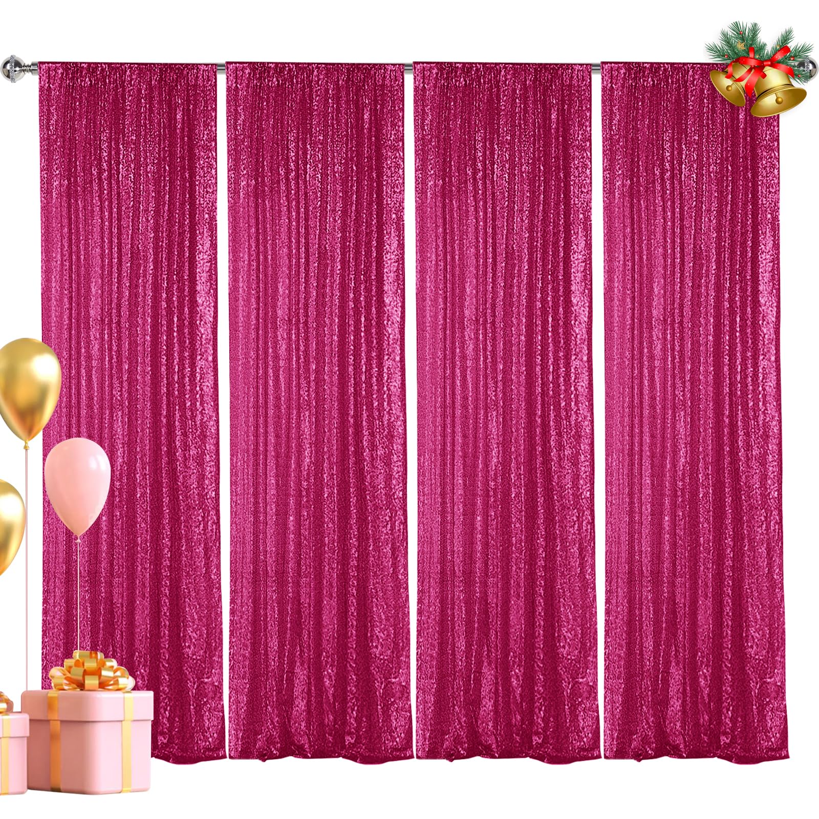 Hahuho Fuchsia Sequin Backdrop Curtain, 4Pcs 2Ftx8Ft Glitter Backdrop Curtain For Parties, Christmas, Wedding, Party Decoration(
