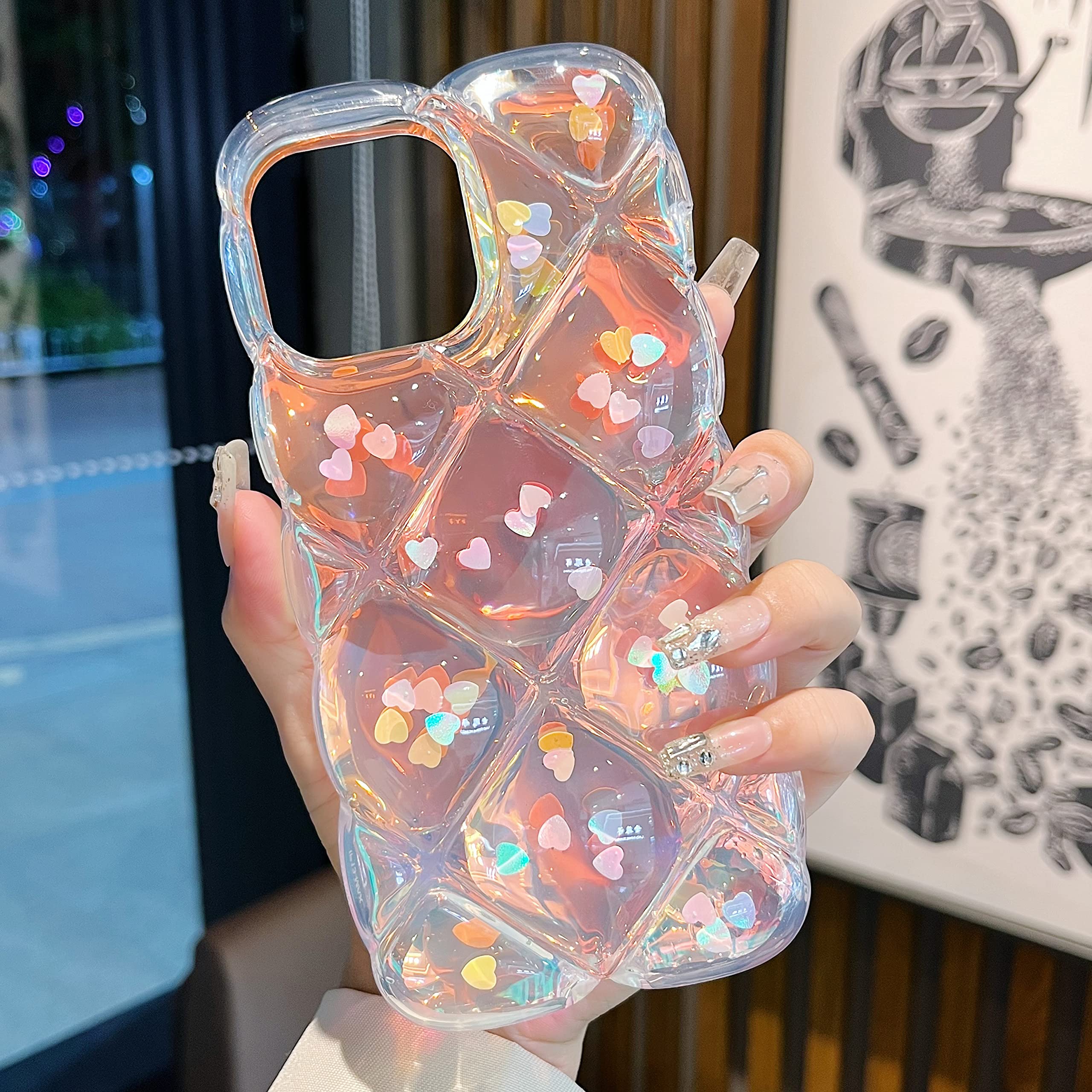 Qokey iPhone 11 Case Laser Love Heart Glitter Shockproof Wave Frame TPU Clear 6.1 inch