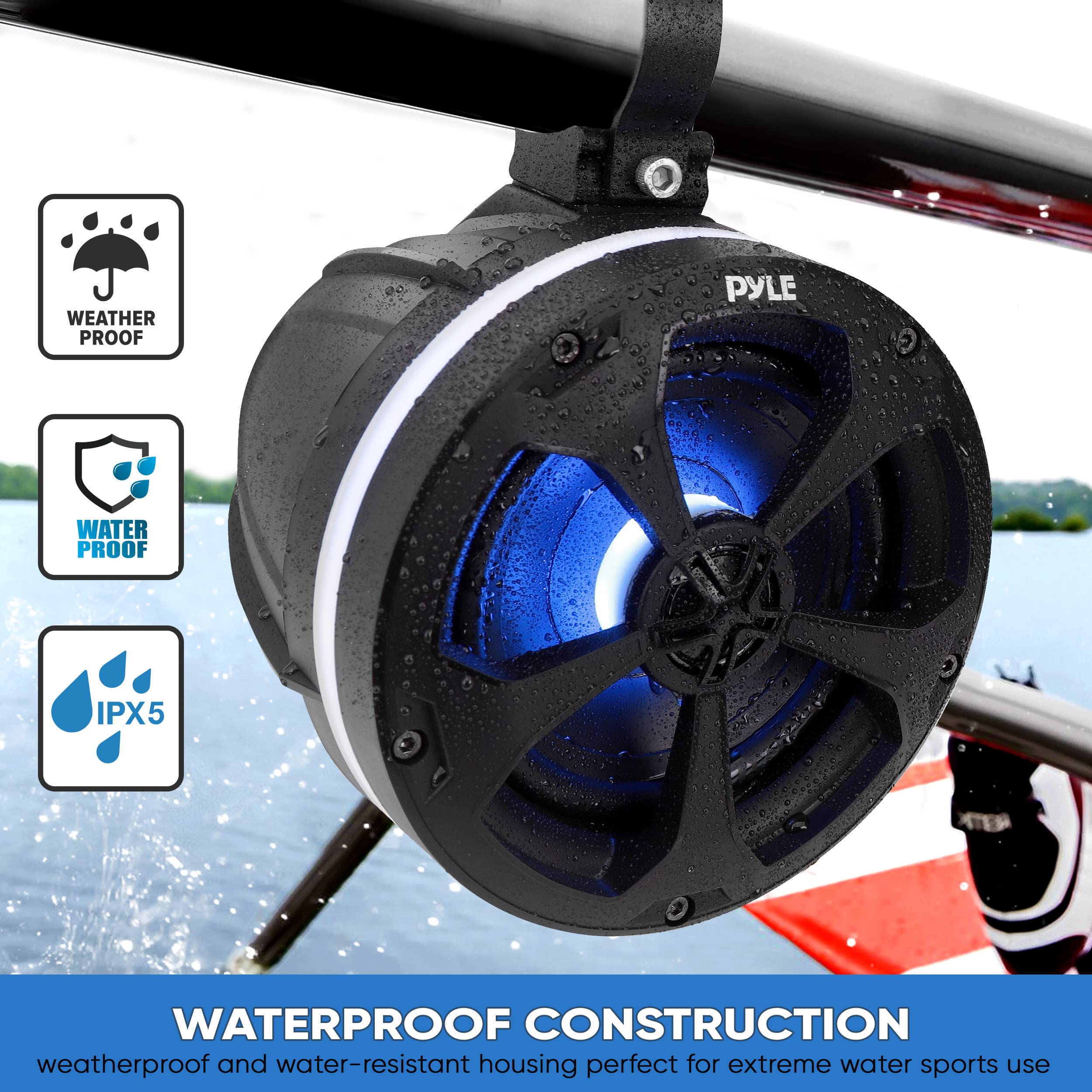 Pyle 2-Way Waterproof Off Road Speakers - 5.25 1000W Active Passive Marine Grade Wakeboard Tower Speakers System W/ Rgb Light, F