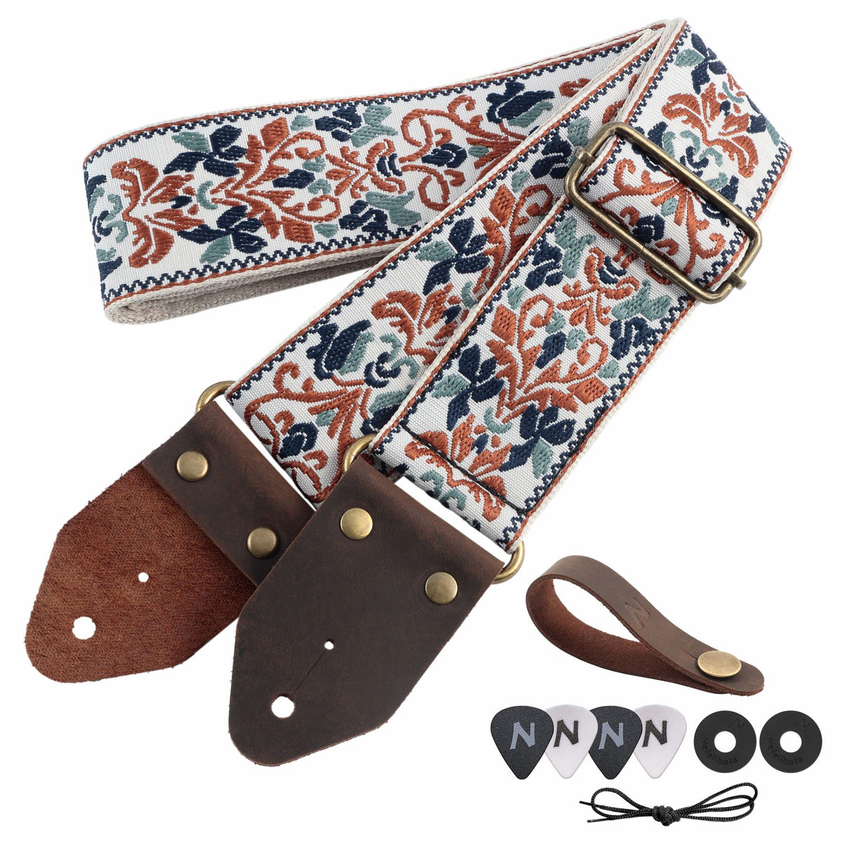 Nefelibata Guitar Strap,Jacquard Embroidery Cotton Guitar Straps With Crazy Horse Leather Ends For Bass, Electric & Acoustic, Be