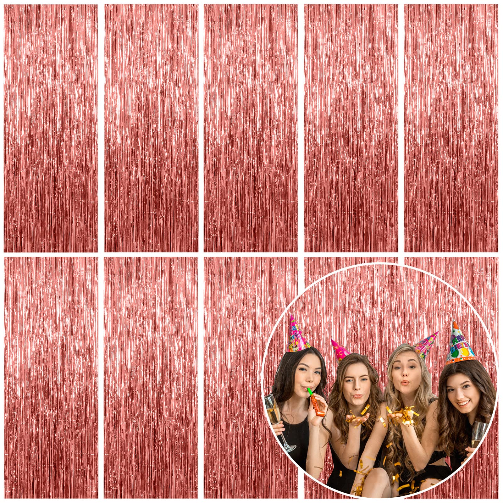 10 Pack Foil Curtain Backdrop Rose Gold Metallic Tinsel Foil Fringe Curtains Photo Booth Props For Birthday Wedding Engagement B