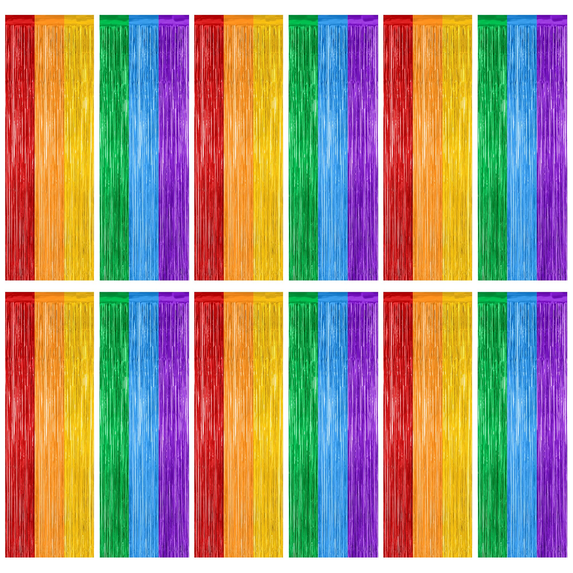 12 Pack Rainbow Backdrop, 3.28 FT x 7.05 FT Pride Decorations, Metallic Fringe Curtains Party Streamer Tinsel Backdrop, Rainbow 