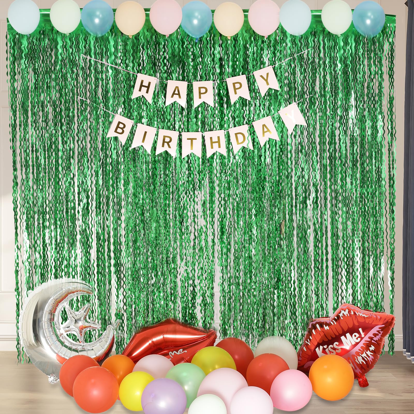 4Pcs Wavy Green Fringe Backdrop  3.3X6.6Ft Green Streamer Foil Curtains For Jungle Party Decorations | St Patricks Day Decoratio