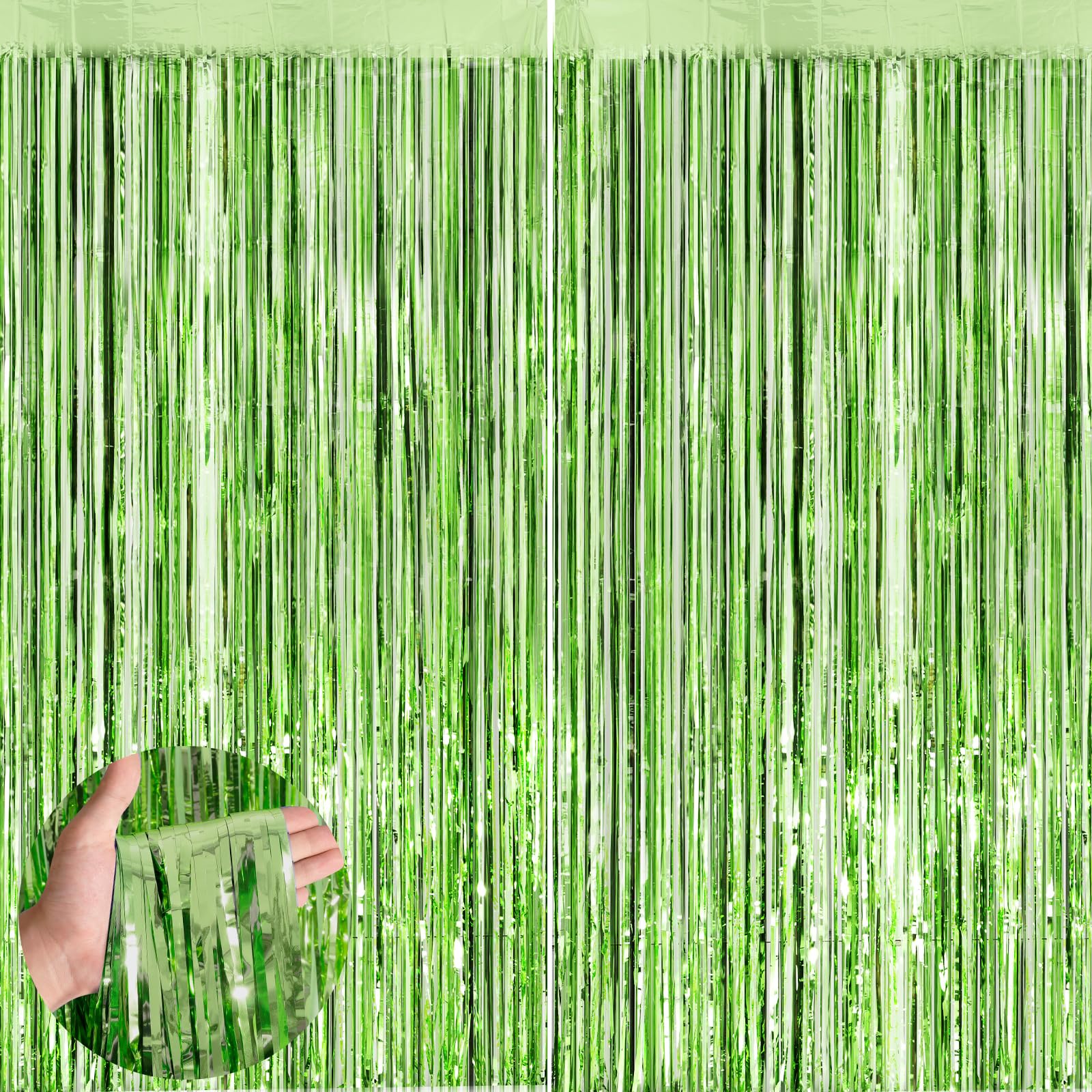 Light Green Metallic Tinsel Foil Fringe Curtains, 2 Pack 3.3X8.3 Feet Party Streamer For Birthday Party Decorations, Halloween D