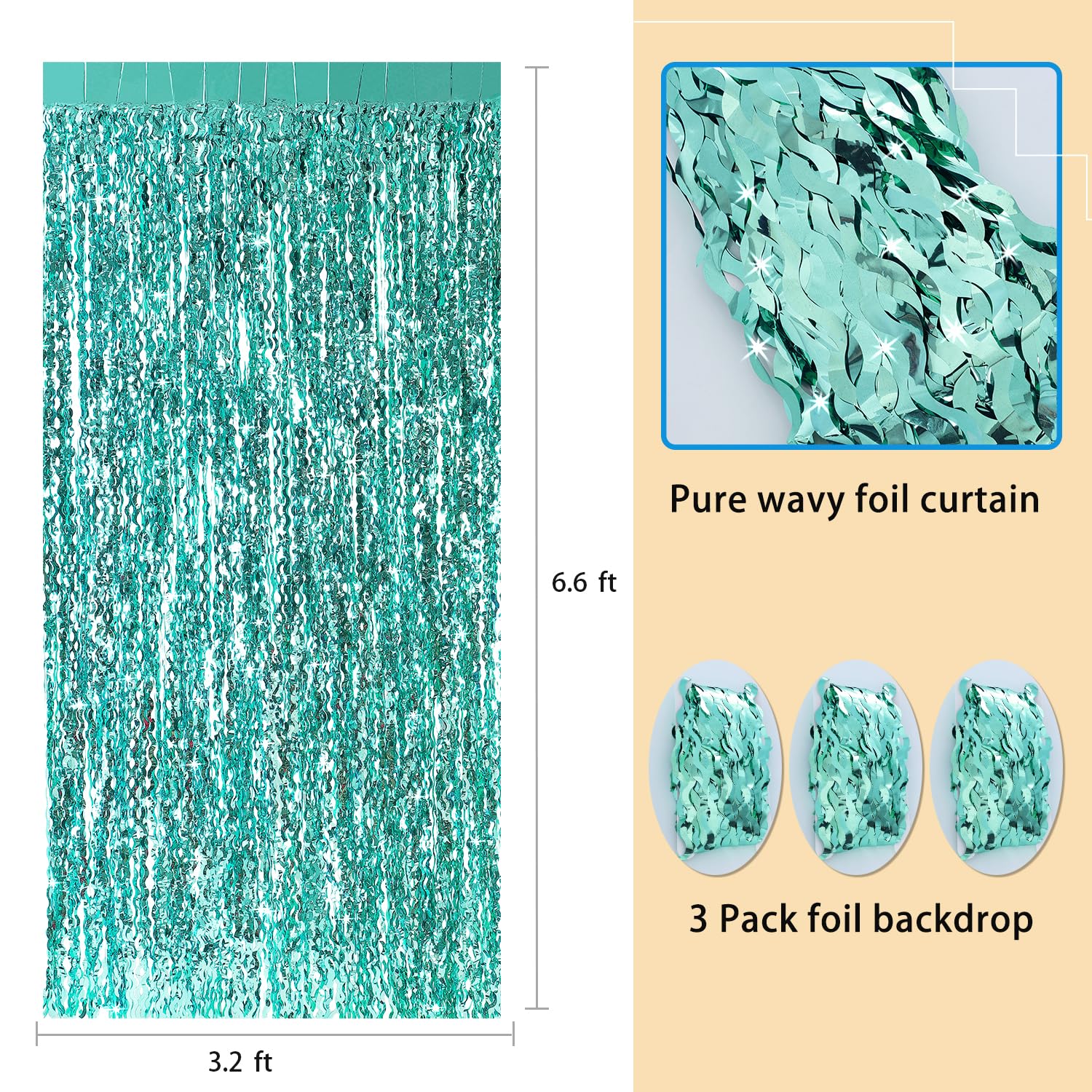 3 Pack Teal Aqua Blue Wave Foil Curtains   3.3 Ft X 6.6 Ft Tinsel Metallic Streamers For Photo Booth Birthday Wedding Girl Princ