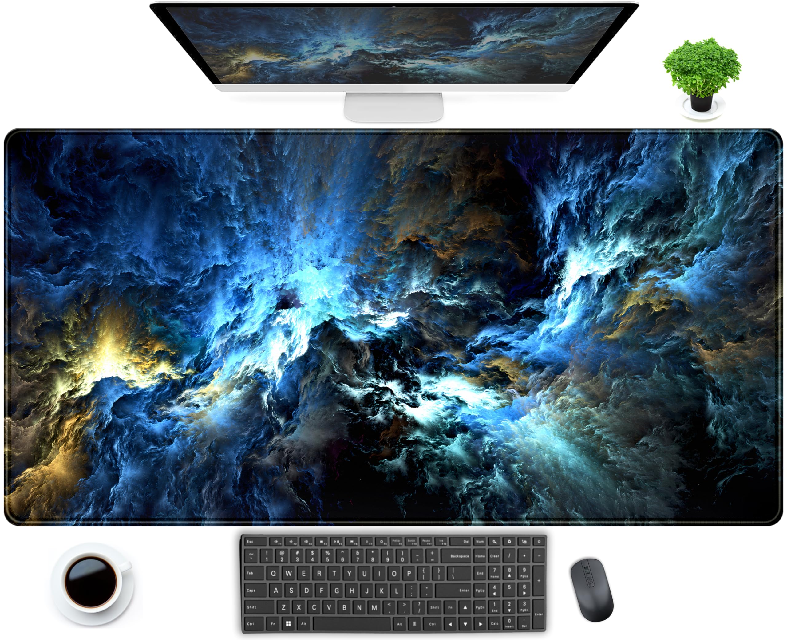 Cool Blue Waves Desk Mat XXL Gaming Mouse Pad, Large Extended Non-Slip Rubber Base Mousepad, Keyboard Mouse Mat, Desk Pad with S