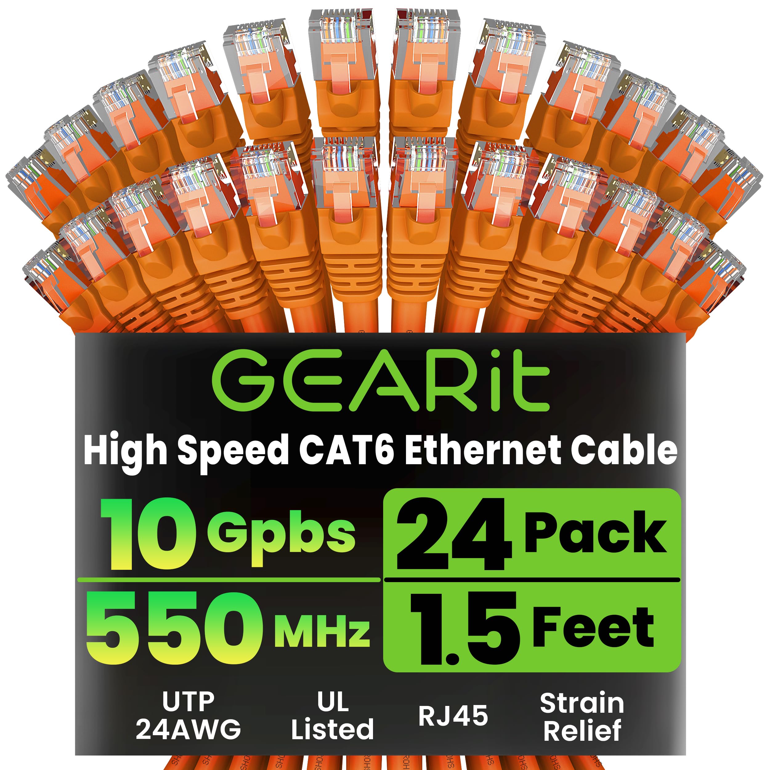 GearIT Cat 6 Ethernet Cable (24-Pack 1.5 Feet) Cat6 Network Patch, 10Gbps, RJ45, Snagless Cord, Gold-Plated Connectors, Internet
