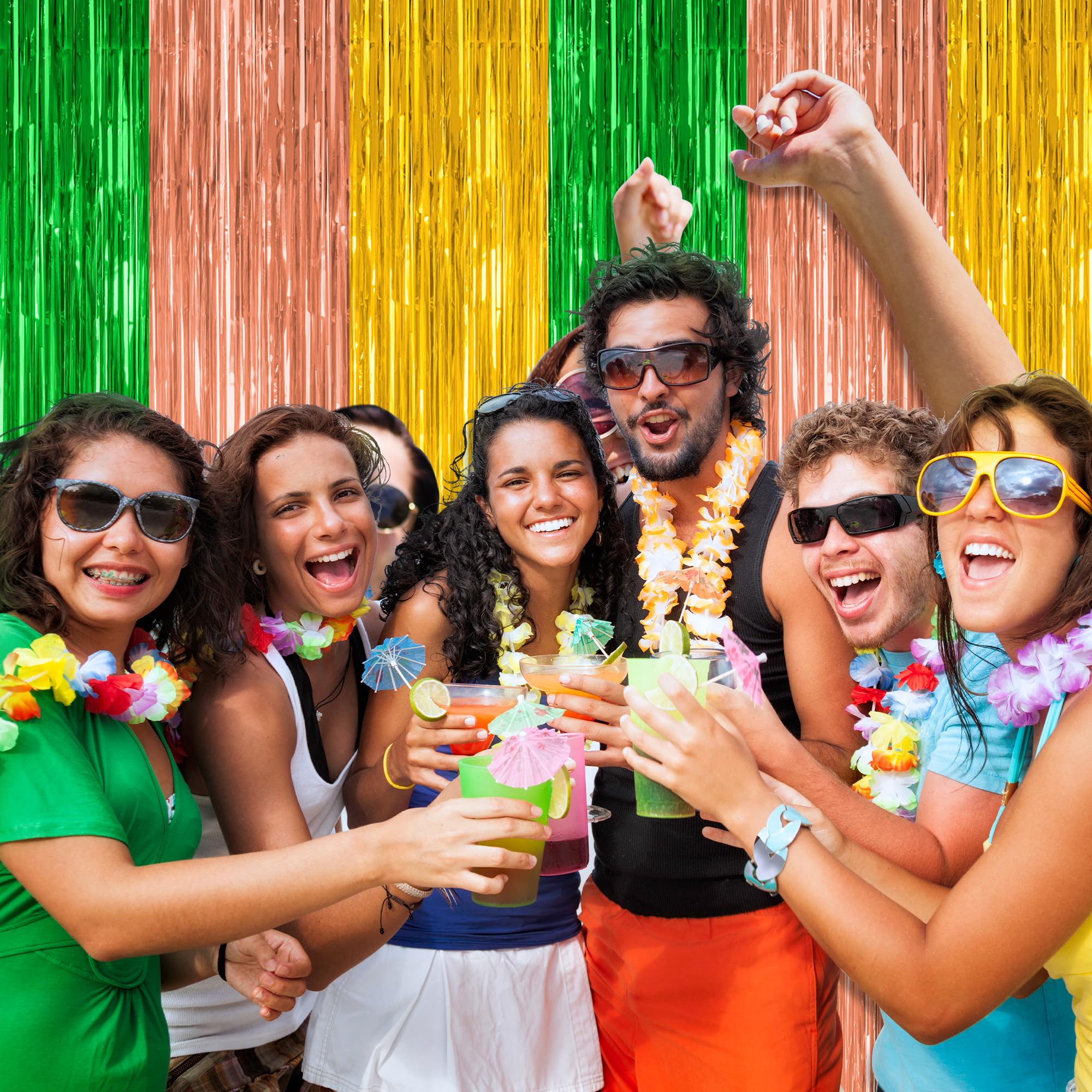 12 Pack Hawaiian Party Decorations, 3.28 Ft X 7.05 Ft Luau Party Decorations, Green Brown Yellow Backdrop Fringe Curtains Foil S