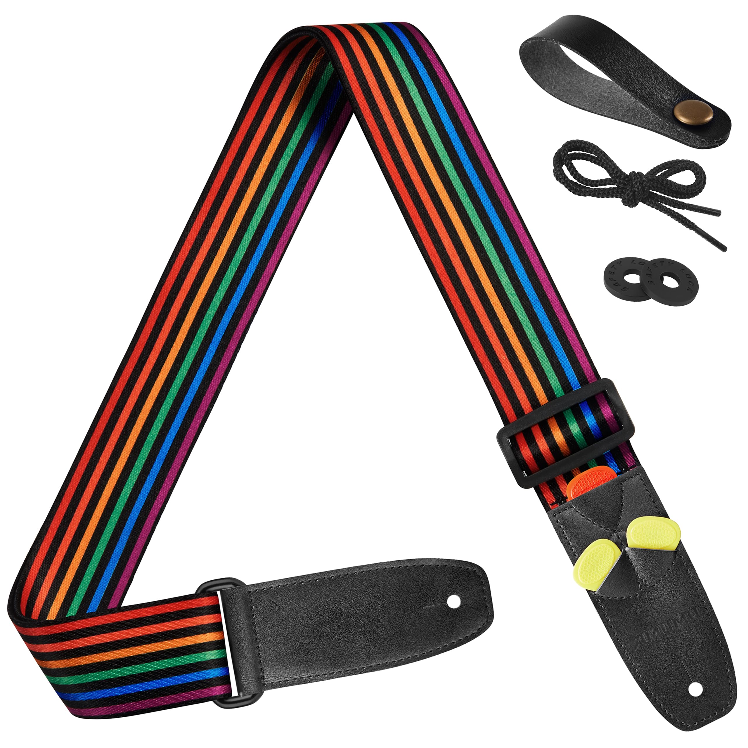 Amumu Guitar Strap Rainbow Stripe Polyester Cotton for Acoustic, Electric and Bass Guitars with Strap Blocks & Headstock Strap T
